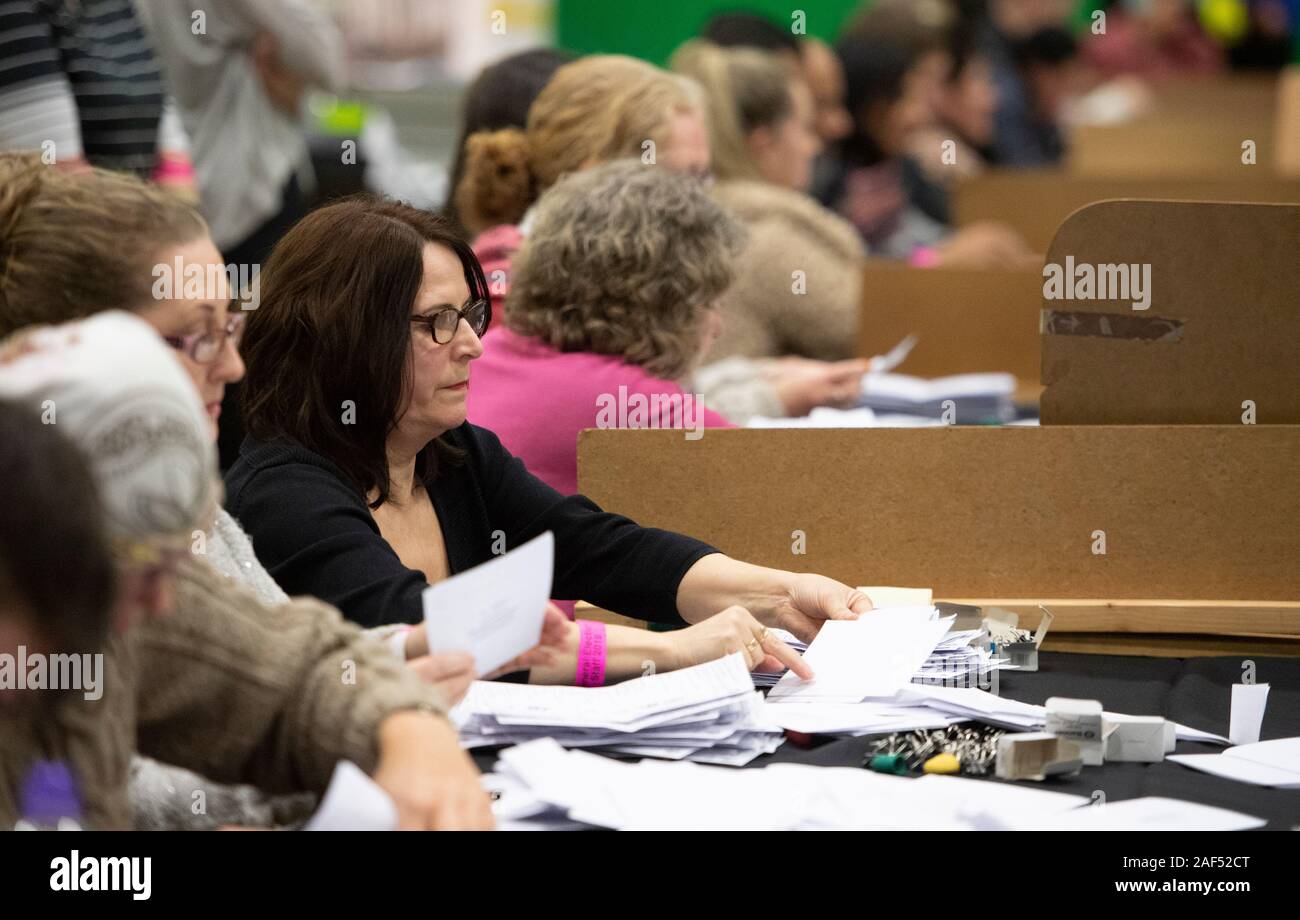 Bury, UK. 12th December 2019. UK election 2019 vote counting commences for the parliamentary constituency of Bury South, held at Castle Leisure Centre. Credit: Russell Hart/Alamy Live News Stock Photo