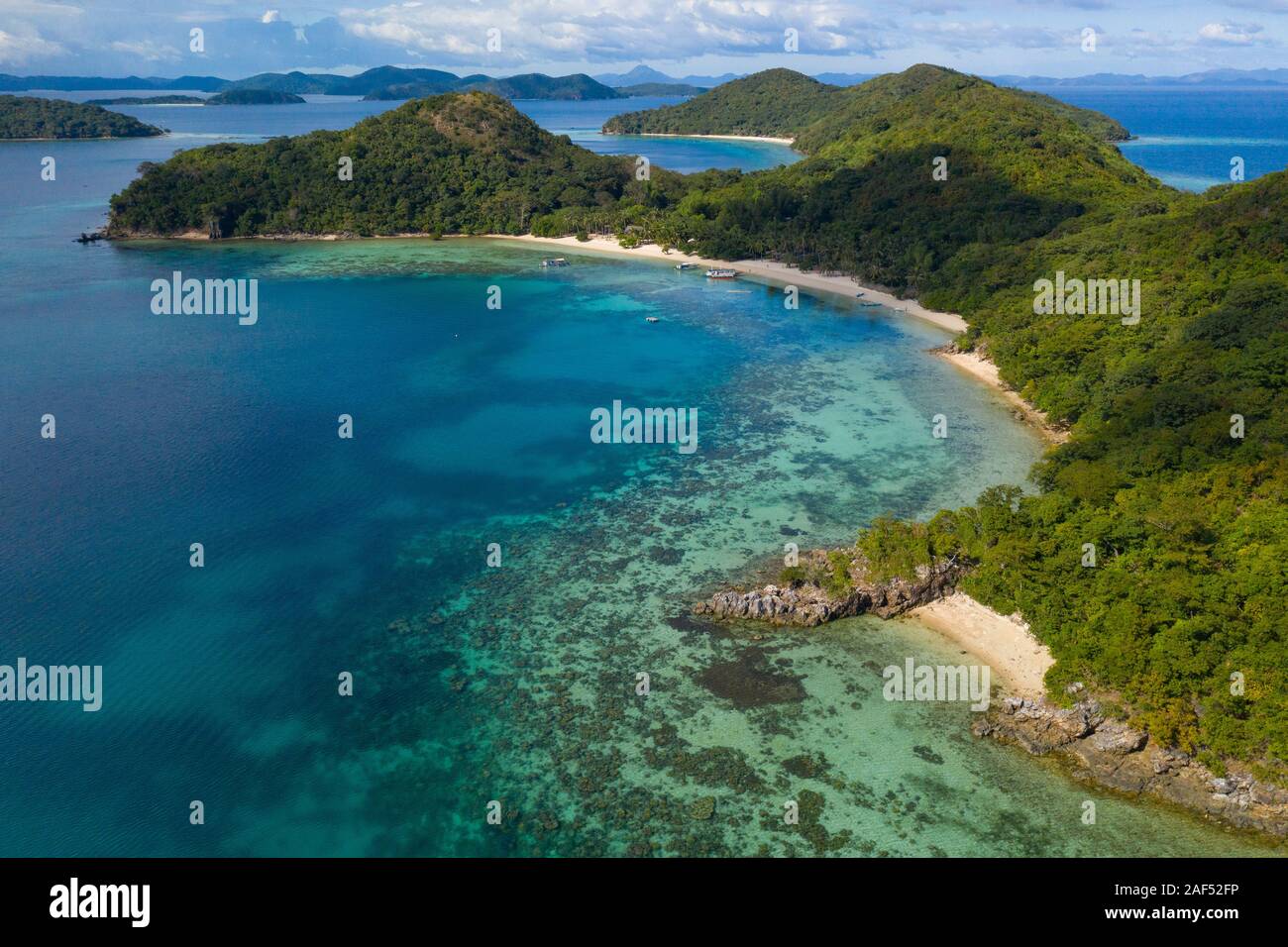 Aerial view of Island Hopping destination known as Coco Beach,Coron,Palawan,Philippines Stock Photo