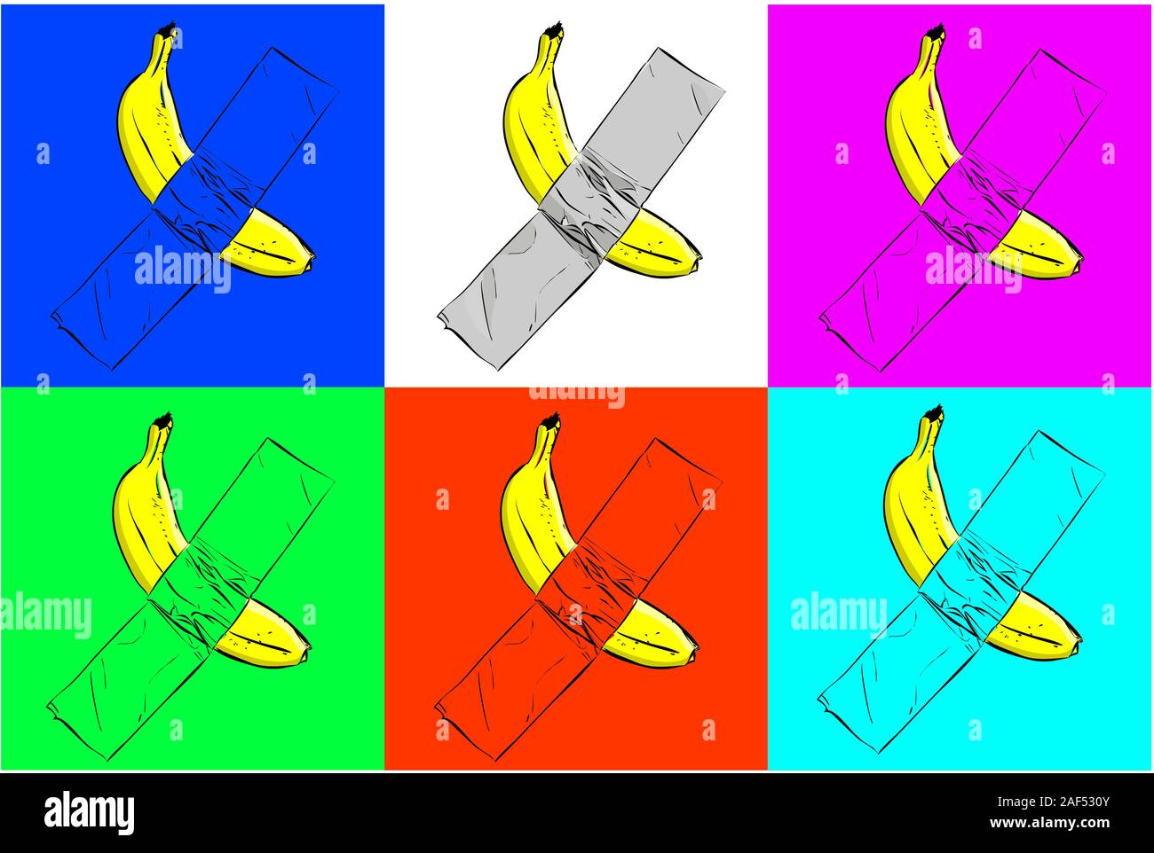 Banana duct taped to a wall. Pop art style poster. Stock Photo