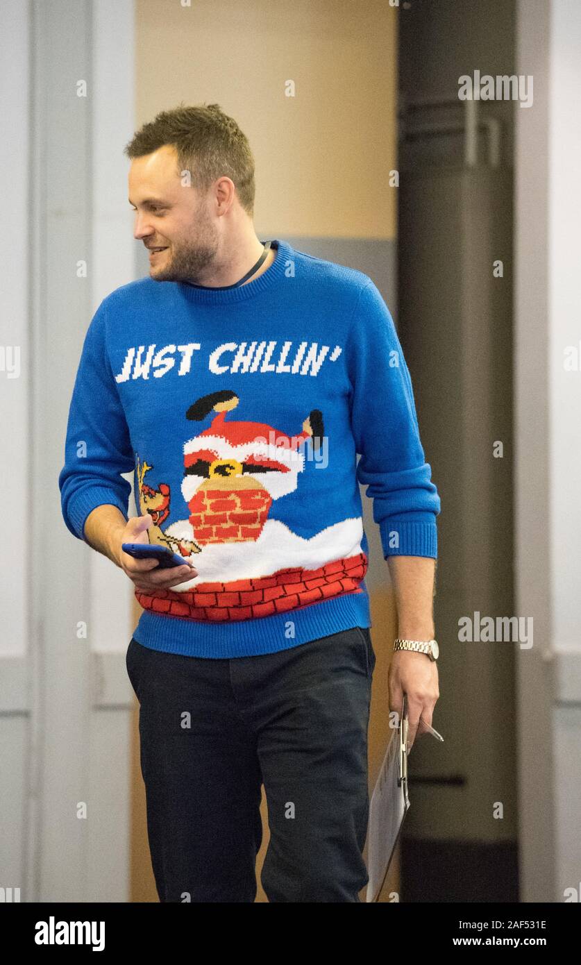 Mansfield, Nottinghamshire, UK. 12th Dec, 2019. Ben Bradley the Conservative candidate for Mansfield arrives at the count centre wearing his festive Christmas jumper. This Parliamentary seat which was won by Ben Bradley for the Conservative Party by a close margin of 1,057 votes is one of the key battle grounds between the two main parties in the 12th. December General Election, especially now that the Brexit Party are not contesting this seat. Credit: AlanBeastall/Alamy Live News Stock Photo