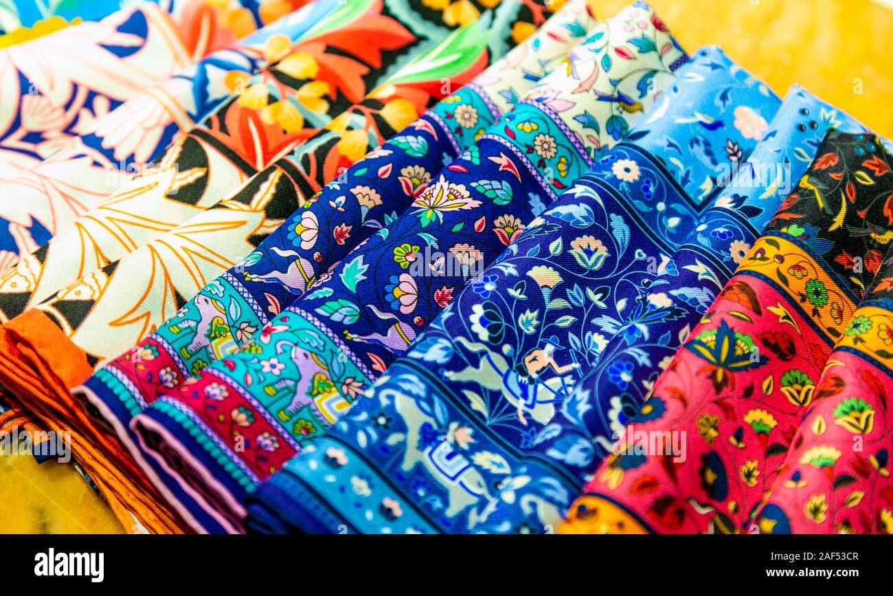 Liberty's pattern scarves at Liberty London department store, London, UK Stock Photo
