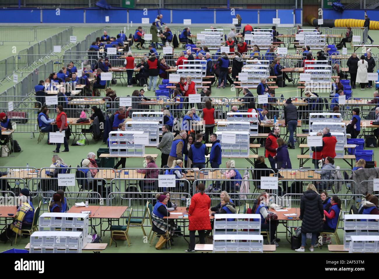 Counters wait for the ballot boxes during the count at the Meadowbank
