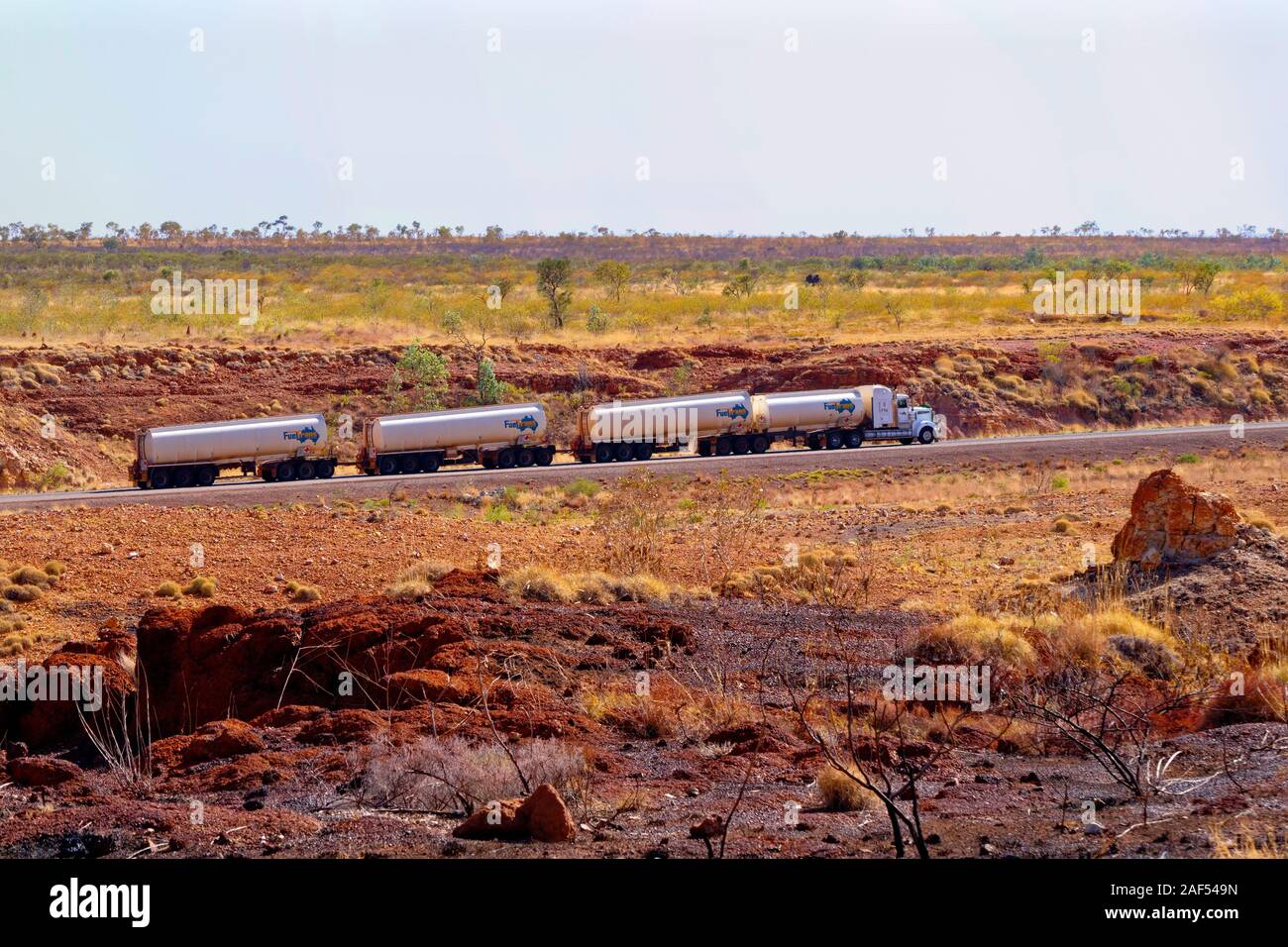 4 trailer fuel tanker road train on the great northern highway, West Kimberley, Western Australia Stock Photo