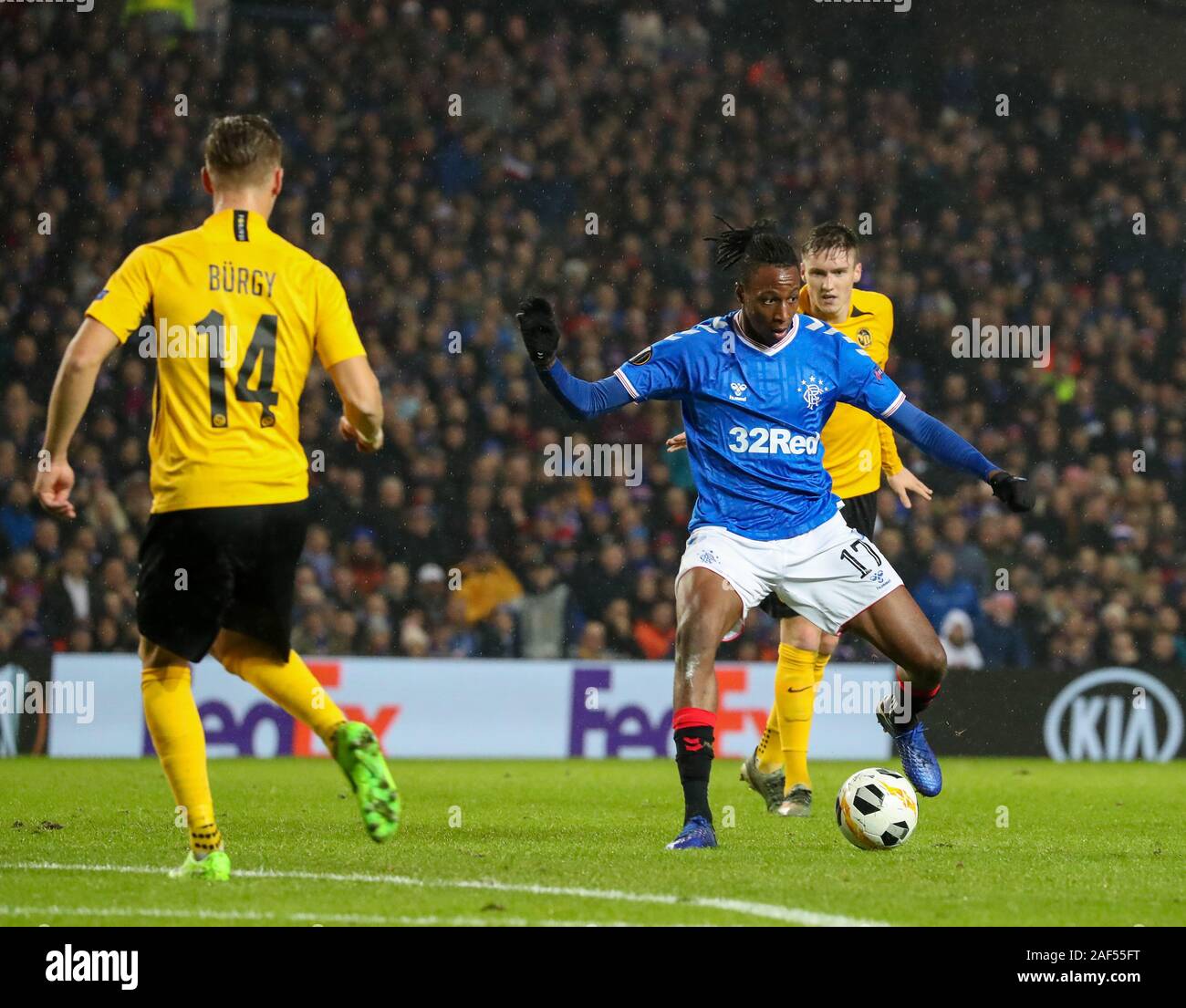 Glasgow, UK. 12 December 2019. Glasgow Rangers played the sixth and final Group G fixture in the UEFA Europa League at Ibrox, their home stadium against the Swiss team BSC Young Boys. The final score was a 1 -1 draw with the  Rangers goal scored by Alfredo Morelos and that was enough for  Rangers to progress to the next round Credit: Findlay / Alamy News Stock Photo