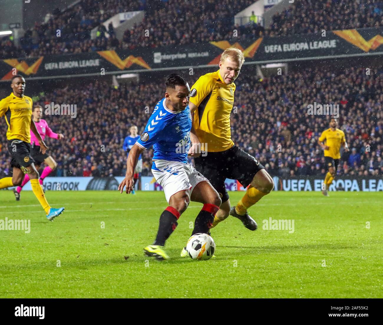 Glasgow, UK. 12 December 2019. Glasgow Rangers played the sixth and final Group G fixture in the UEFA Europa League at Ibrox, their home stadium against the Swiss team BSC Young Boys. The final score was a 1 -1 draw with the  Rangers goal scored by Alfredo Morelos and that was enough for  Rangers to progress to the next round Credit: Findlay / Alamy News Stock Photo