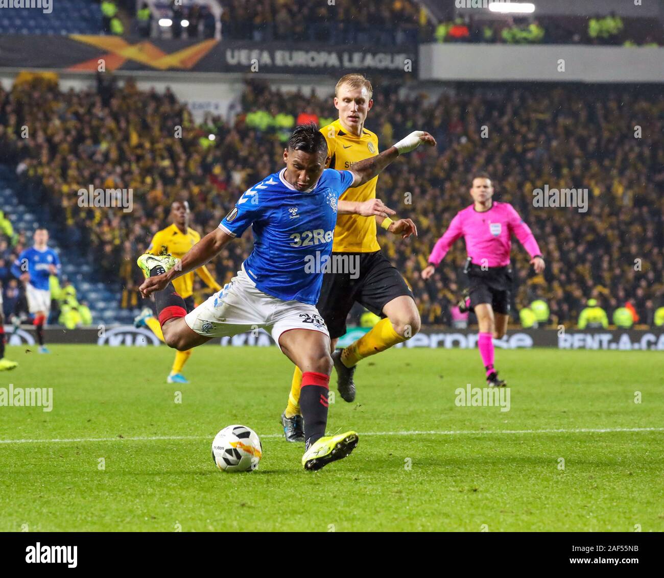 Glasgow, UK. 12 December 2019. Glasgow Rangers played the sixth and final Group G fixture in the UEFA Europa League at Ibrox, their home stadium against the Swiss team BSC Young Boys. The final score was a 1 -1 draw with the  Rangers goal scored by Alfredo Morelos and that was enough for  Rangers to progress to the next round Credit: Findlay / Alamy News Stock Photo