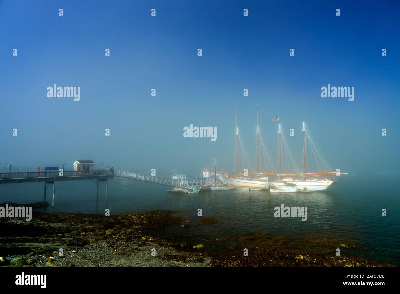 Four masted schooner 'Margaret Todd', anchored in Frenchman Bay on a misty morning,  Bar Harbor, Maine, USA. Stock Photo
