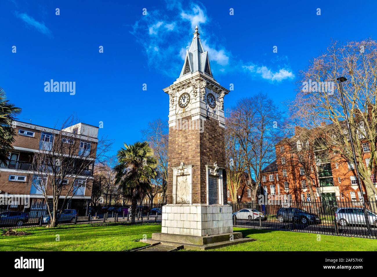 Stanley Atkinson Memorial Clock Tower near Stepney Green Park, London, England, UK Stock Photo