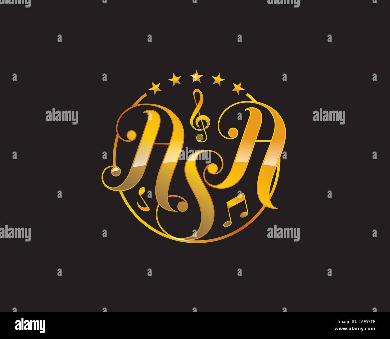 golden initial letter A S A in classic retro vintage style with stars and musical notes Stock Vector