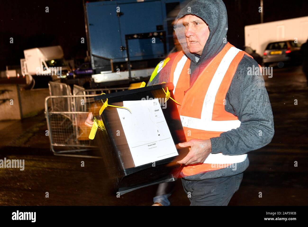 Ballot boxes arrive for counting for the Chipping Barnet, Finchley and Golders Green, and Hendon constituencies, at Allainz Park, London. Luciana Berger is contesting the Finchley and Golders Green constituency for the Liberal Democrats. Stock Photo