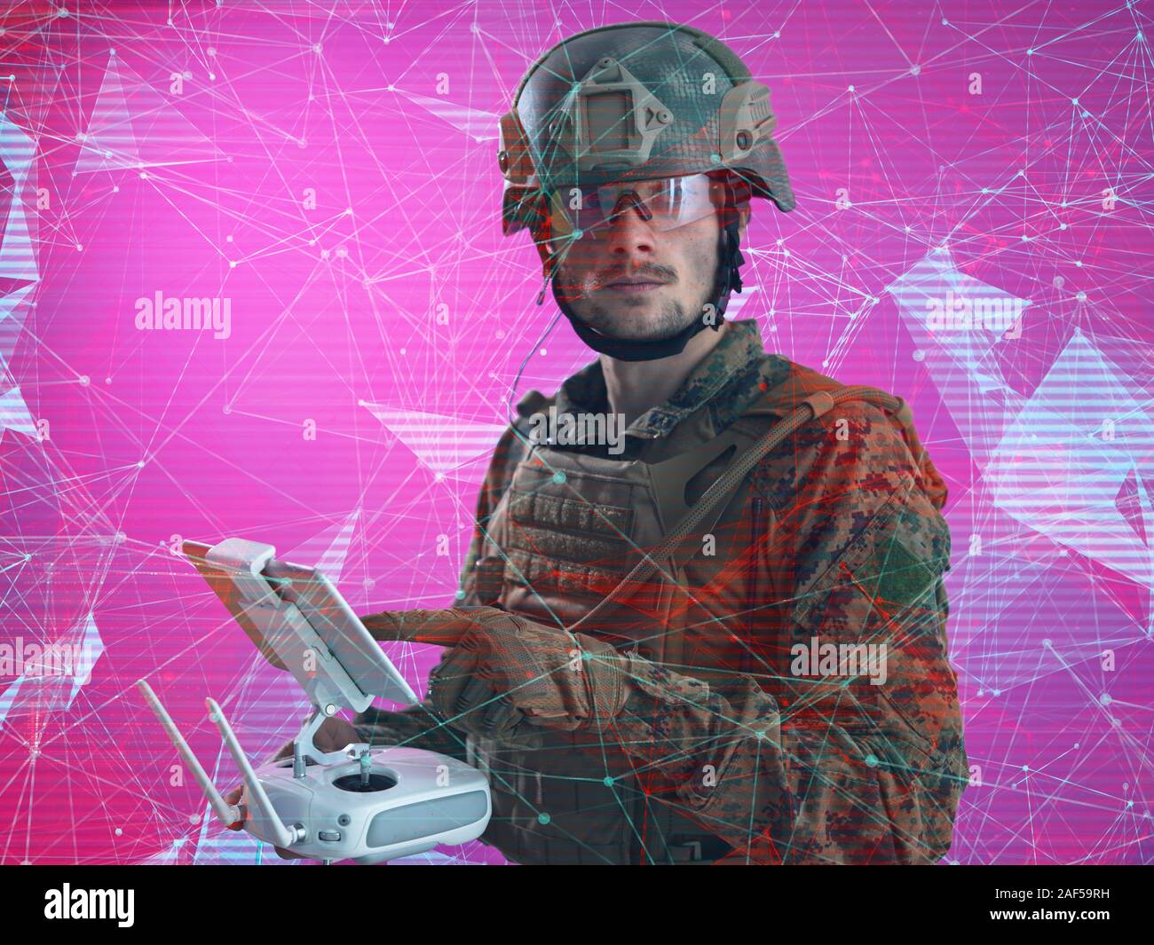 modern warfare soldier as drone control technician WITH GLITCH COMPUTER ERROR EFFECT Stock Photo