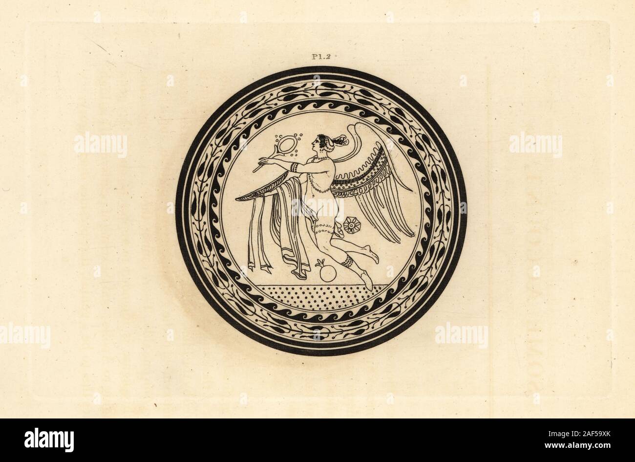 Winged androgynous genius of Apollo who presides over augury with patera, globe and fillet. String of pearls around her thigh. Within a decorative circular border. Copperplate engraving by Thomas Kirk (1765-1797)  from Sir William Hamilton’s Outlines from the Figures and Compositions upon the Greek, Roman and Etruscan Vases of the Late Sir Hamilton, T. M’Lean, London, 1834. Stock Photo