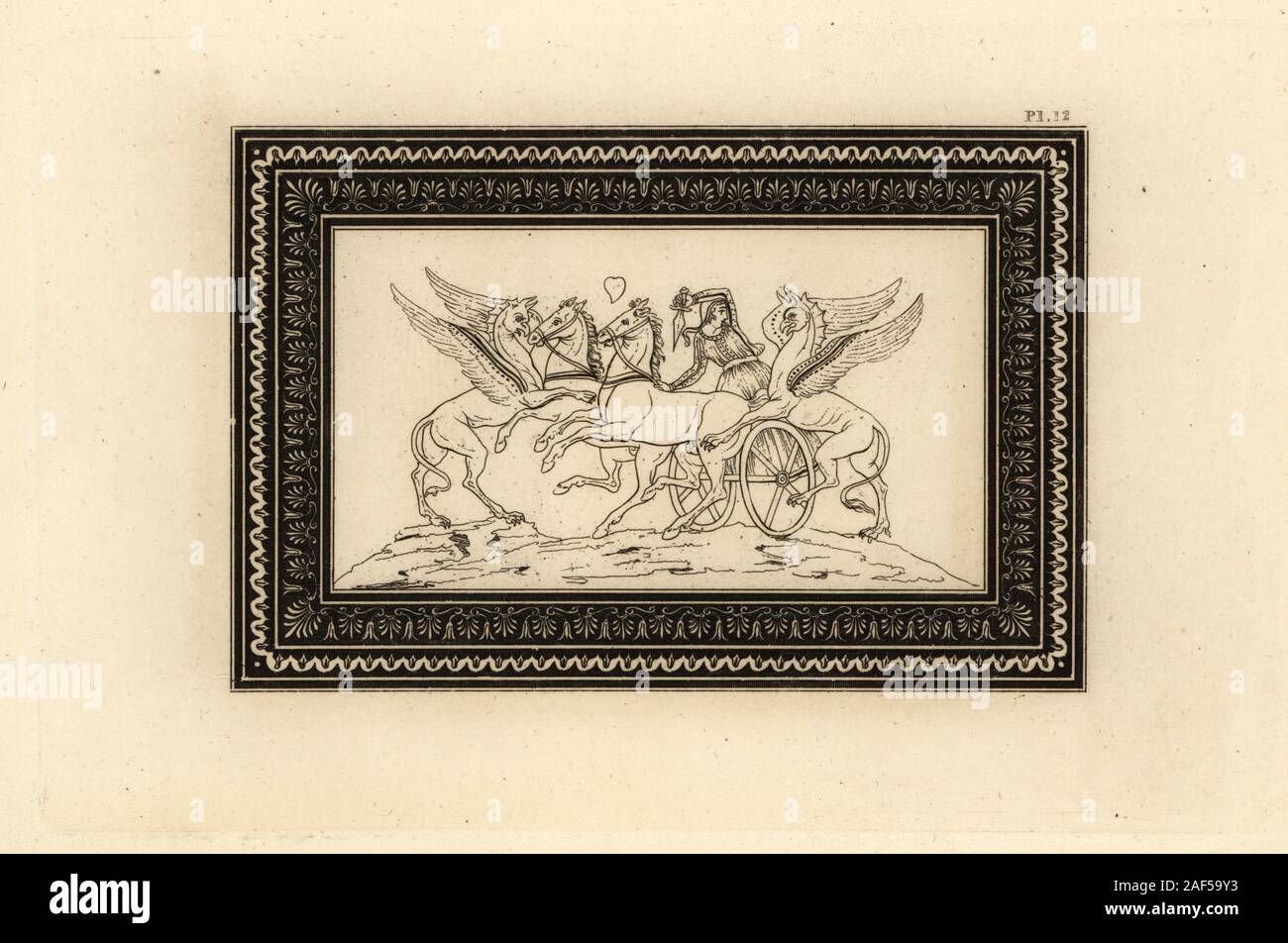 One-eyed Arimaspian in a biga or two-horse chariot attacked by winged griffons. Within a rectangular decorative border. Copperplate engraving by Thomas Kirk (1765-1797)  from Sir William Hamilton’s Outlines from the Figures and Compositions upon the Greek, Roman and Etruscan Vases of the Late Sir Hamilton, T. M’Lean, London, 1834. Stock Photo