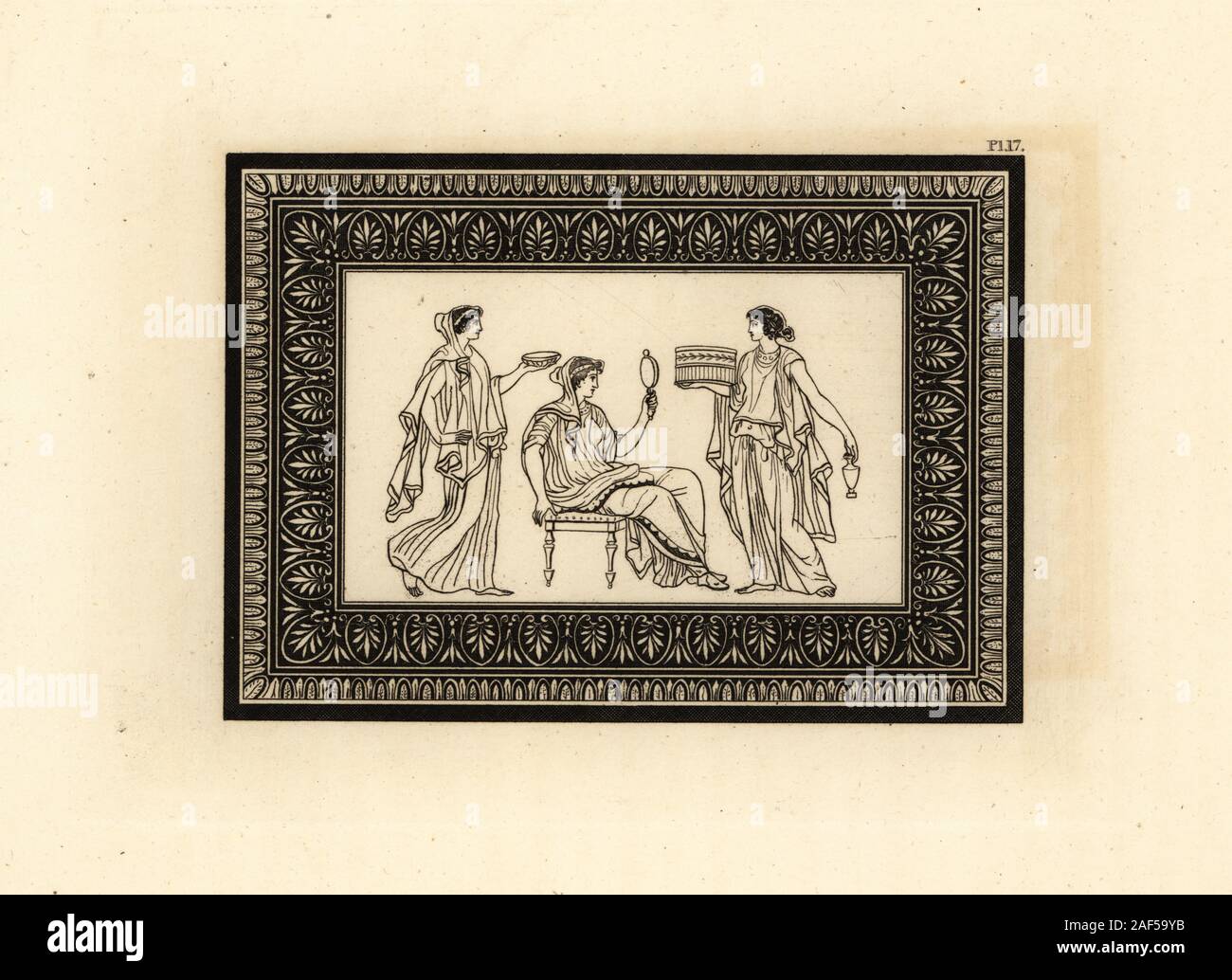 Roman goddess Ceres, seated on a stool, holding a mirror, attended by priestesses carrying a patera (bowl), praefericulum (vase) and cystus. Within a rectangular black border decorated with leaves. Copperplate engraving by Thomas Kirk (1765-1797)  from Sir William Hamilton’s Outlines from the Figures and Compositions upon the Greek, Roman and Etruscan Vases of the Late Sir Hamilton, T. M’Lean, London, 1834. Stock Photo