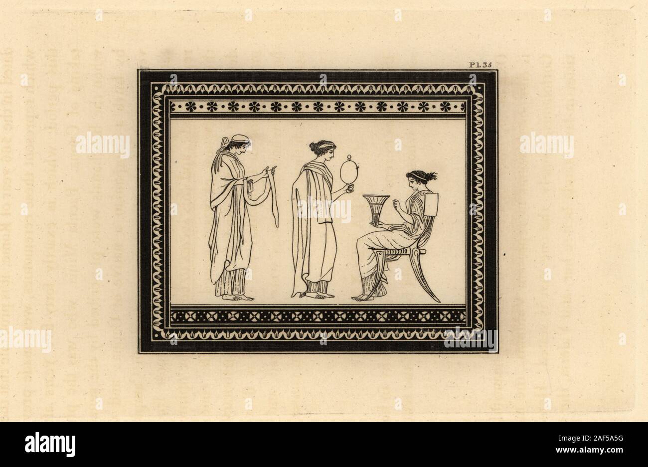 Ancient Roman domestic ceremony in honour of a god, whose symbol is held by one of the women. Copperplate engraving by Thomas Kirk (1765-1797)  from Sir William Hamilton’s Outlines from the Figures and Compositions upon the Greek, Roman and Etruscan Vases of the Late Sir Hamilton, T. M’Lean, London, 1834. Stock Photo