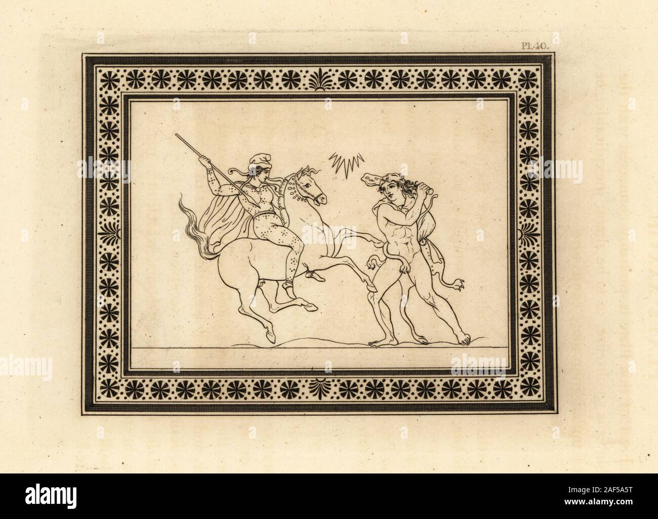 Hercules, wearing the Nemean lionskin and holding a club, battling Hippolyta, Queen of the Amazons, for the girdle of Mars. Copperplate engraving by Thomas Kirk (1765-1797)  from Sir William Hamilton’s Outlines from the Figures and Compositions upon the Greek, Roman and Etruscan Vases of the Late Sir Hamilton, T. M’Lean, London, 1834. Stock Photo