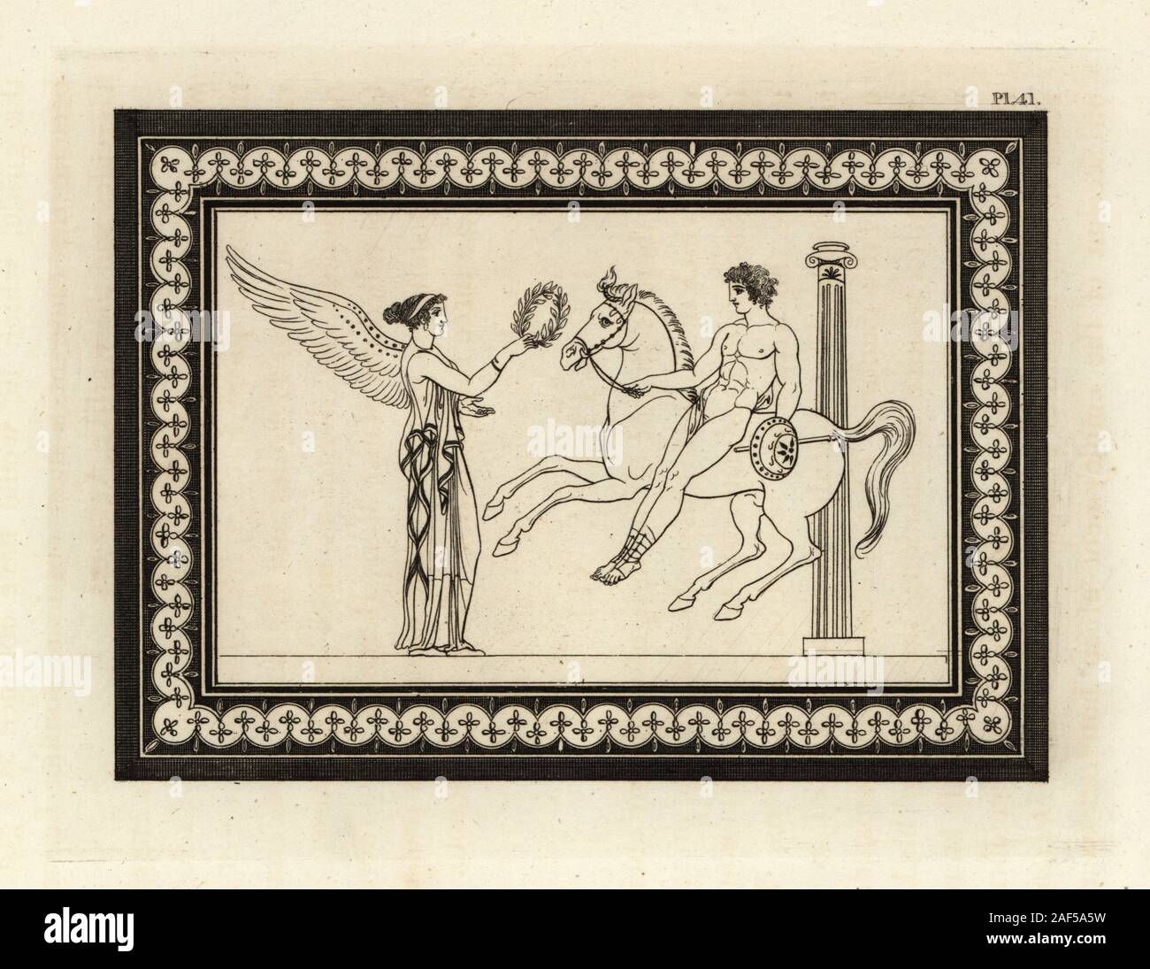 Horse race contestant dismounting to receive a wreath from a genius. He holds a buckler, the prize at the Hecatombs, the public games at Argos. Copperplate engraving by Thomas Kirk (1765-1797)  from Sir William Hamilton’s Outlines from the Figures and Compositions upon the Greek, Roman and Etruscan Vases of the Late Sir Hamilton, T. M’Lean, London, 1834. Stock Photo