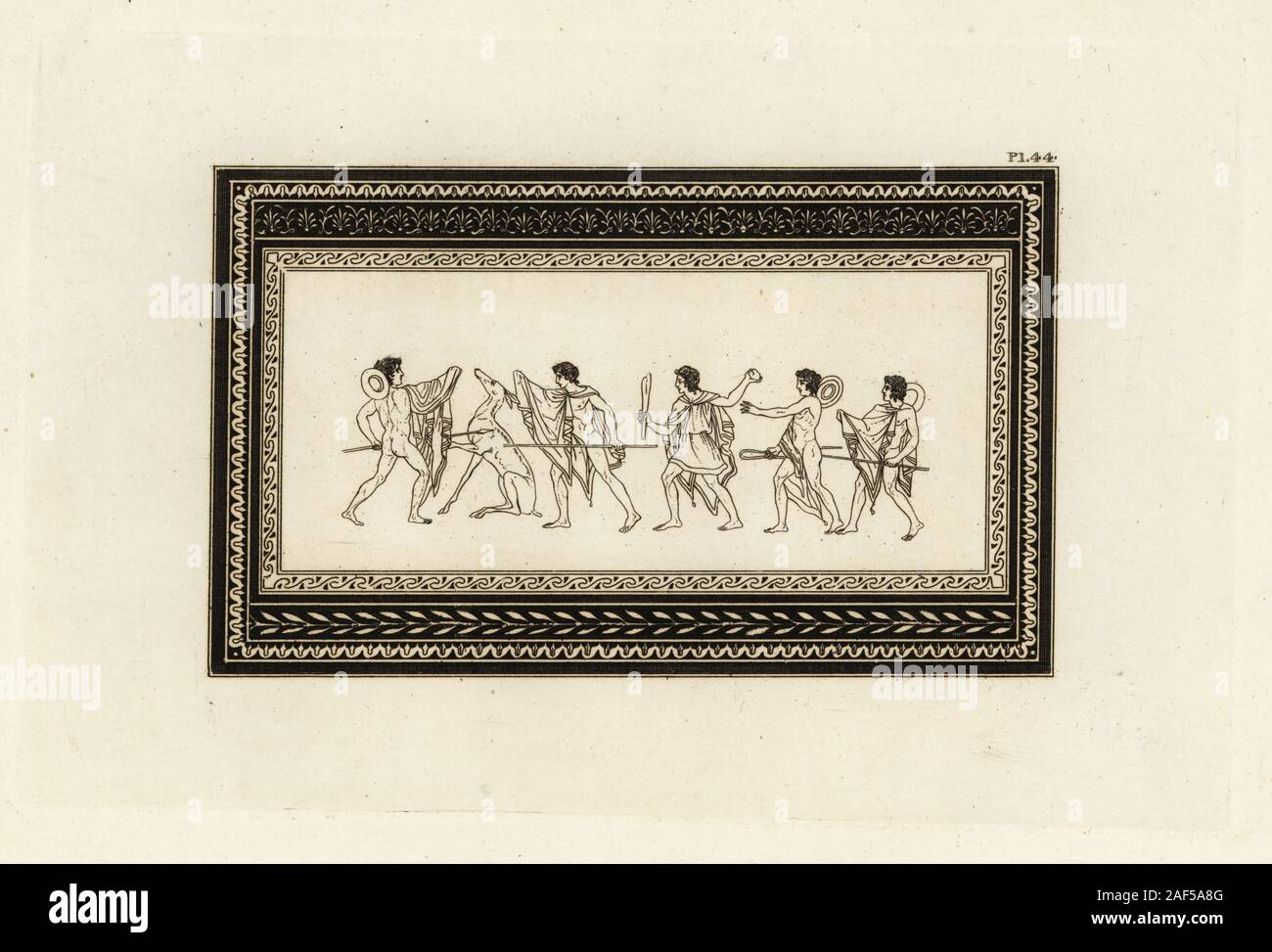 Roman men hunting a deer. Two men lance the deer at left, while others arrive with catapult, stone, crooks. Unknown symbolism. Copperplate engraving by Thomas Kirk (1765-1797)  from Sir William Hamilton’s Outlines from the Figures and Compositions upon the Greek, Roman and Etruscan Vases of the Late Sir Hamilton, T. M’Lean, London, 1834. Stock Photo