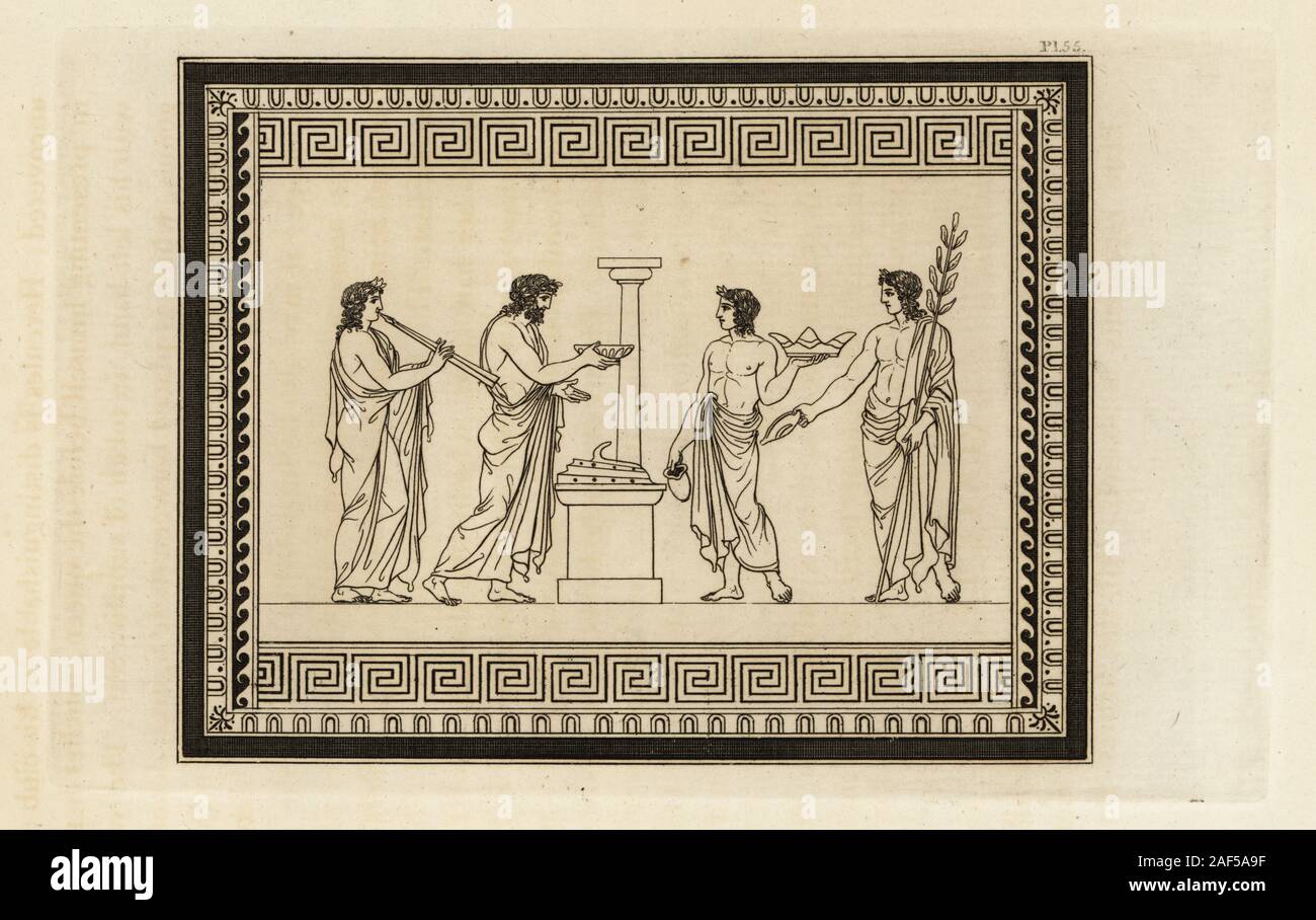 Ancient Roman citizens making an offering at an altar. The supplicant at right holds a laurel or olive branch and a bowl. The priest or Prospolus holds a bowl of barley and vase of wine. Another priest offers a libation on the altar, and a musician plays a double flute (tibia or aolus). The altar is a Doric column with bellows to fan the sacrificial fire. Copperplate engraving by Thomas Kirk (1765-1797)  from Sir William Hamilton’s Outlines from the Figures and Compositions upon the Greek, Roman and Etruscan Vases of the Late Sir Hamilton, T. M’Lean, London, 1834. Stock Photo