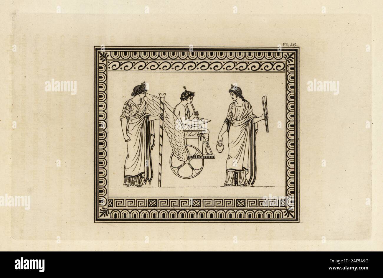 Greek god Apollo seated in a winged chariot. He holds a patera to receive a libation offering from a queen at right, while a priestess pronounces the oracle. Copperplate engraving by Thomas Kirk (1765-1797)  from Sir William Hamilton’s Outlines from the Figures and Compositions upon the Greek, Roman and Etruscan Vases of the Late Sir Hamilton, T. M’Lean, London, 1834. Stock Photo