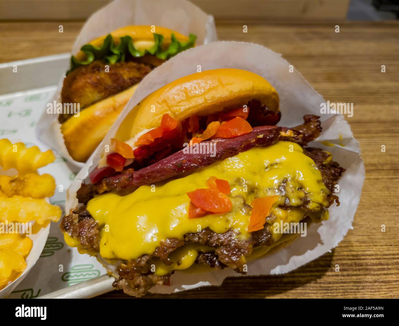 Close up shot of the Smoke Burger of Shake Shack at Las Vegas Stock Photo