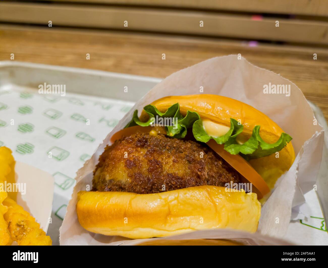 Close up shot of the vegetable burger of Shake Shack at Las Vegas Stock