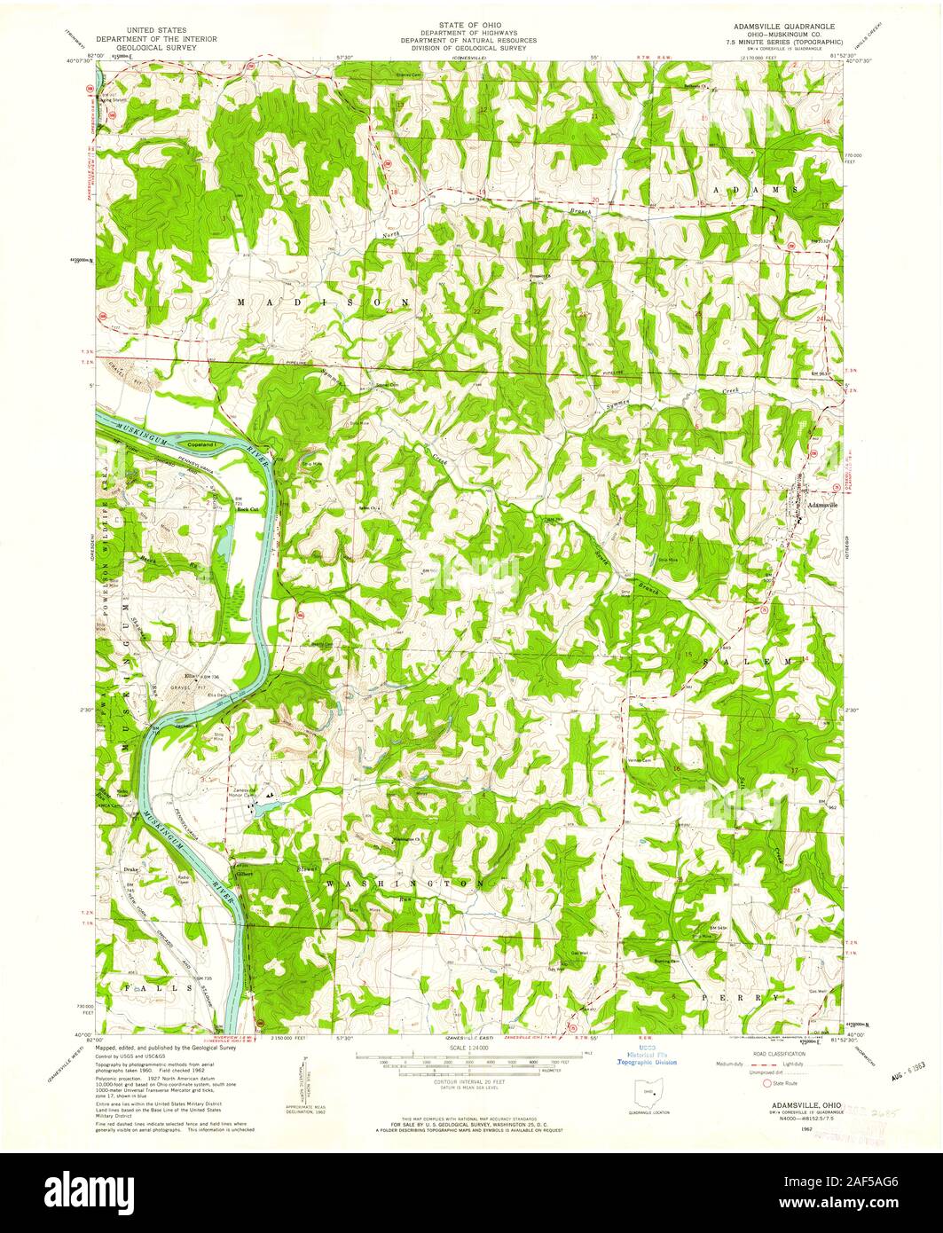 USGS TOPO Map Ohio OH Adamsville 224683 1962 24000 Restoration Stock Photo