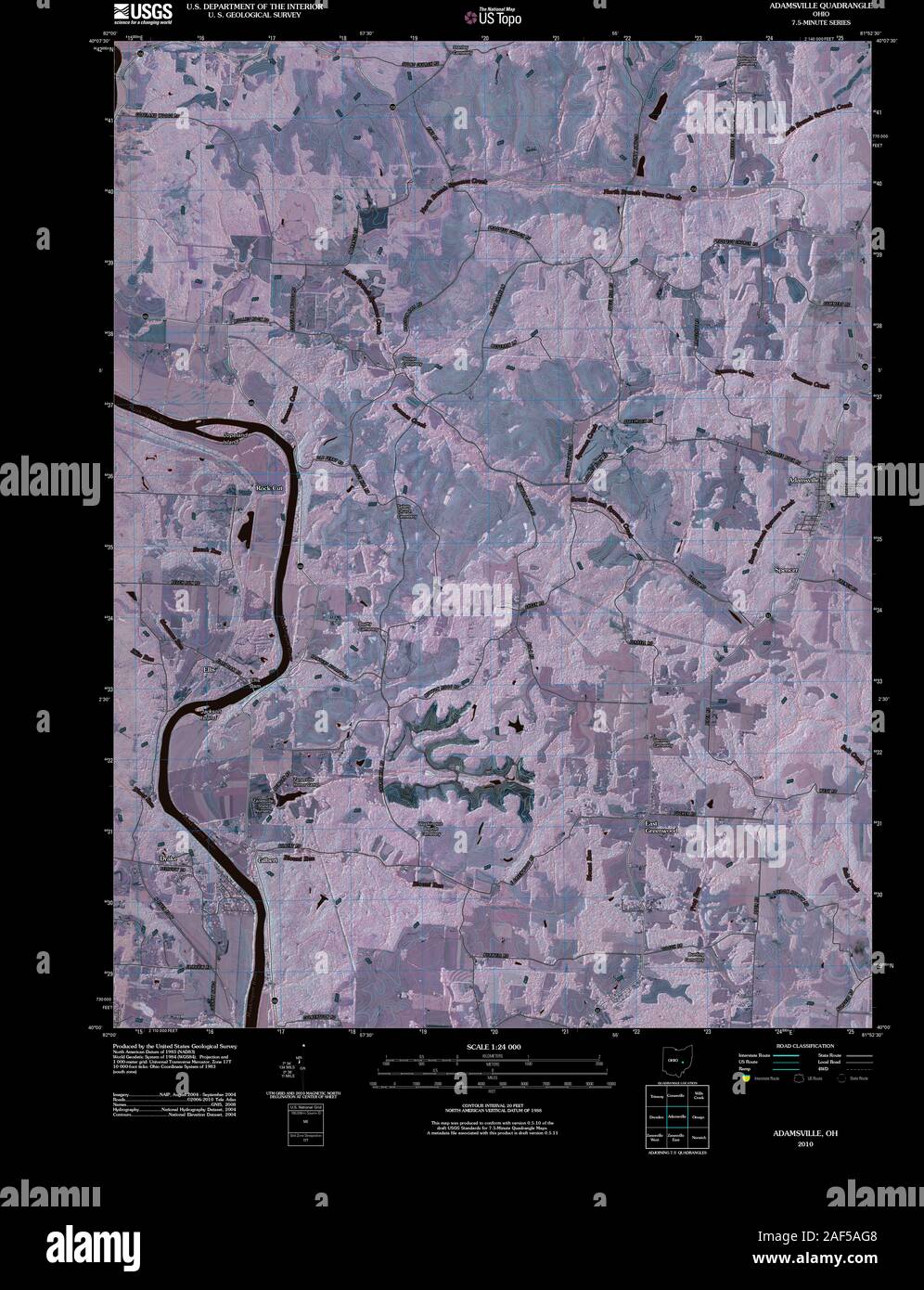 USGS TOPO Map Ohio OH Adamsville 20100810 TM Inverted Restoration Stock Photo