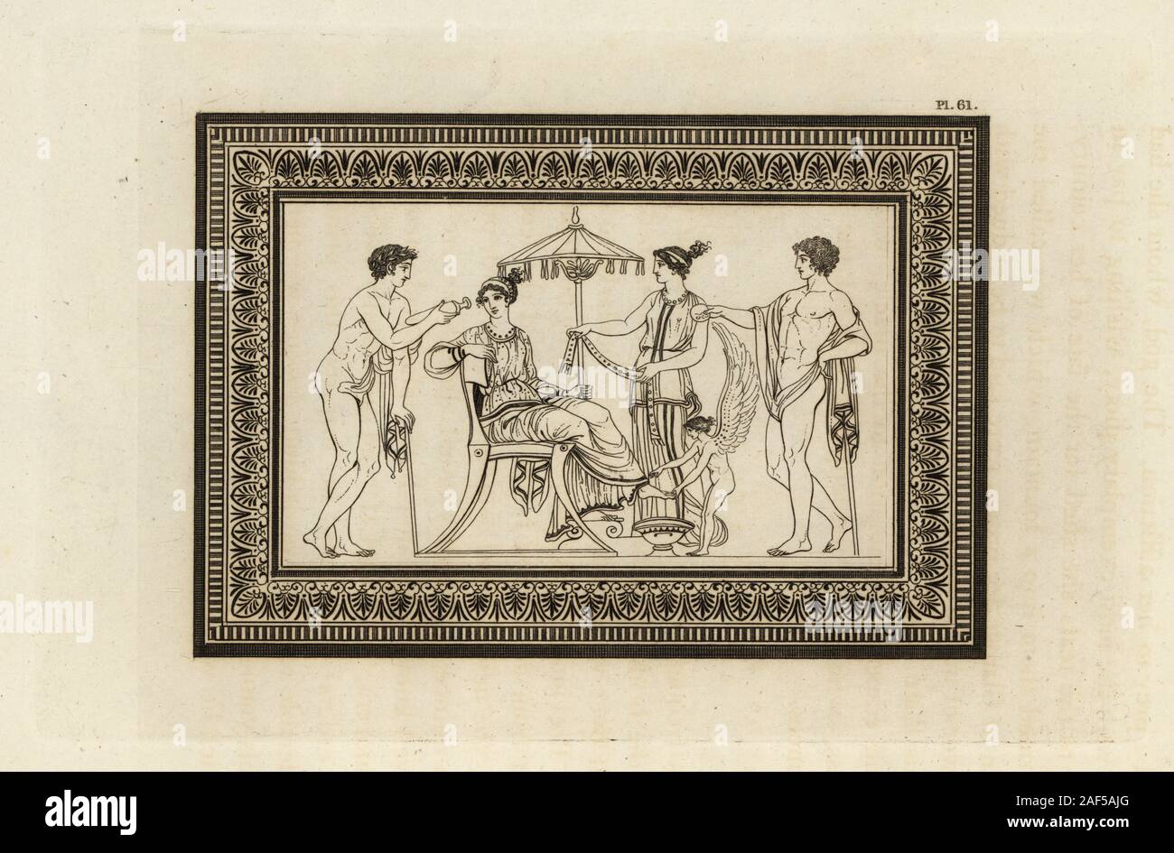 Bellerophon and Iobates’s daughter Cassandra prepare for their nuptials. Bellerophon in myrtle crown offers a vase of perfume to his bride. The genius of Fecundity washes the bride’s feet. The Nymphagogue or Pronuba holds out a fillet or ribbon. Copperplate engraving by Thomas Kirk (1765-1797)  from Sir William Hamilton’s Outlines from the Figures and Compositions upon the Greek, Roman and Etruscan Vases of the Late Sir Hamilton, T. M’Lean, London, 1834. Stock Photo