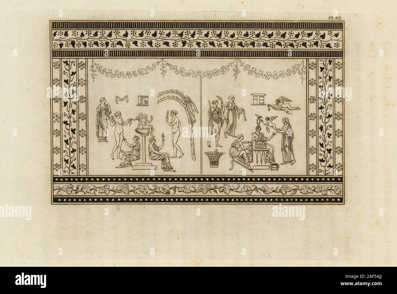 Ancient Roman ceremonies to Venus at Paphos. Venus is seated on a throne wearing a myrtle crown. A figure with torch represents Adonis. Priestesses offer fillets or ribbons to the tabernaculum holding the cistus. Copperplate engraving by Thomas Kirk (1765-1797)  from Sir William Hamilton’s Outlines from the Figures and Compositions upon the Greek, Roman and Etruscan Vases of the Late Sir Hamilton, T. M’Lean, London, 1834. Stock Photo