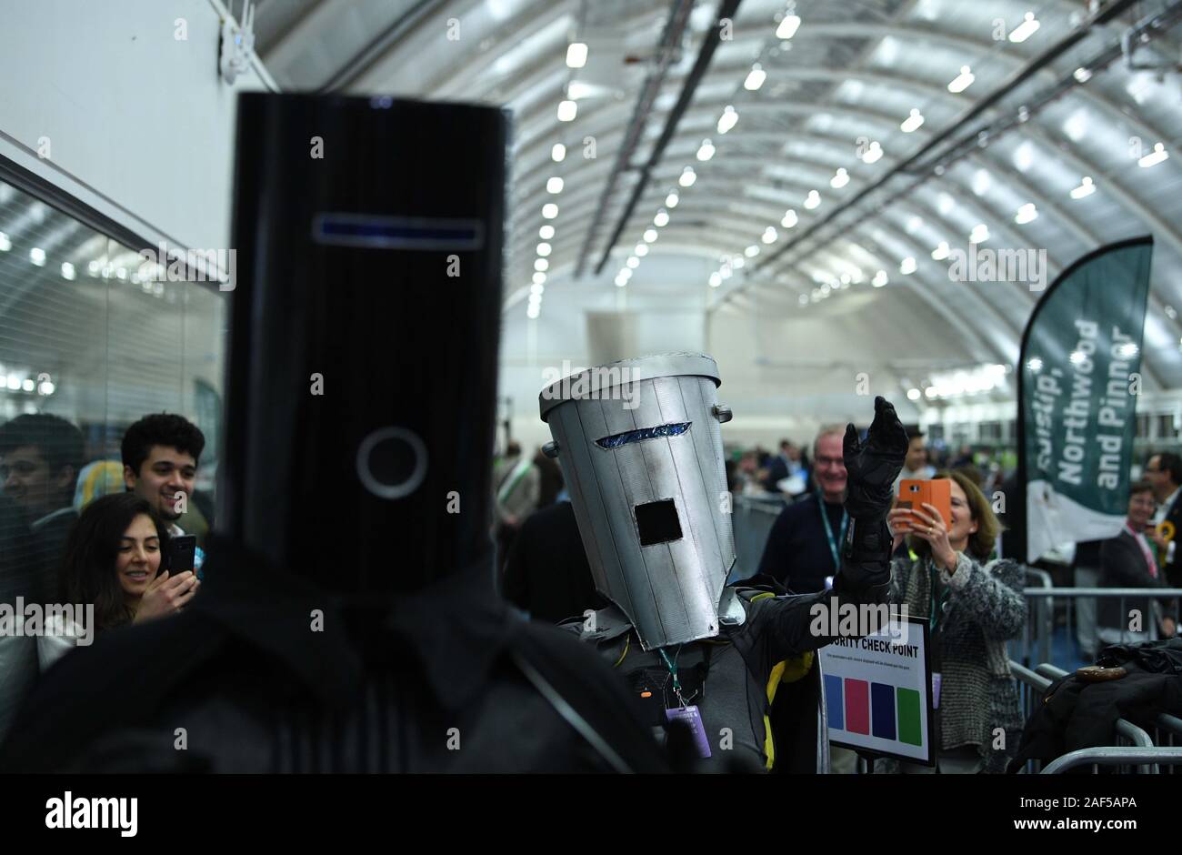 Lord Buckethead (left) and Count Binface during the count at the Prime Minister's Uxbridge & Ruislip South constituency in the 2019 General Election. Stock Photo