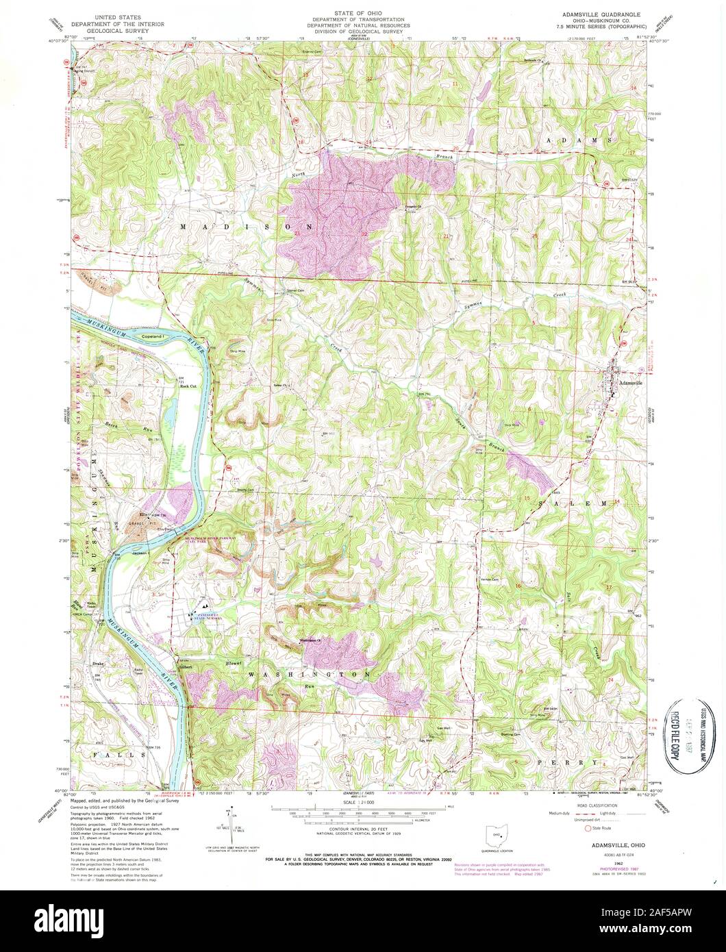 USGS TOPO Map Ohio OH Adamsville 226200 1962 24000 Restoration Stock Photo