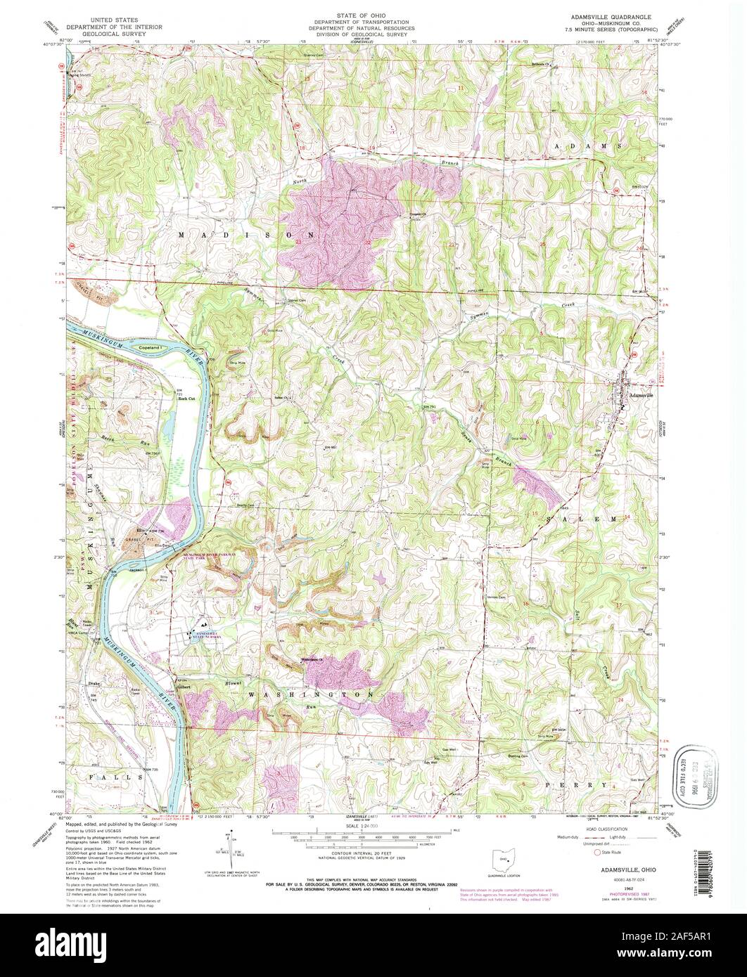 USGS TOPO Map Ohio OH Adamsville 226201 1962 24000 Restoration Stock Photo