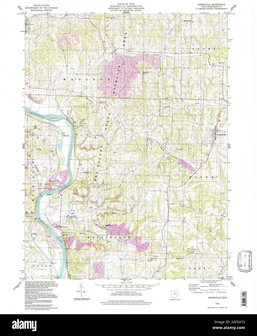 USGS TOPO Map Ohio OH Adamsville 226202 1994 24000 Restoration Stock Photo