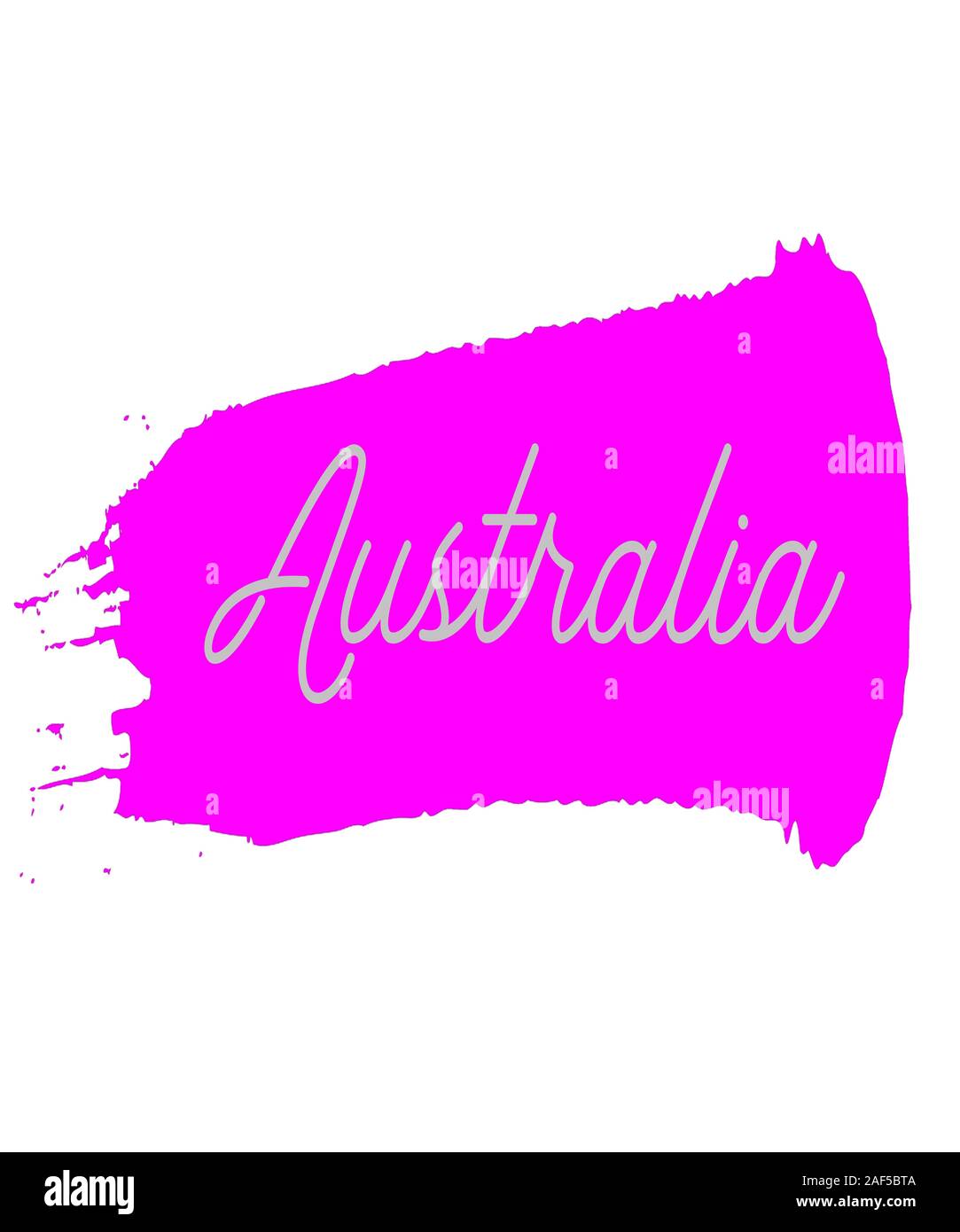 Australia in hot pink brush splat with a gray script text.  Great for Australian travel, business and other concepts.  In popular color. Stock Photo