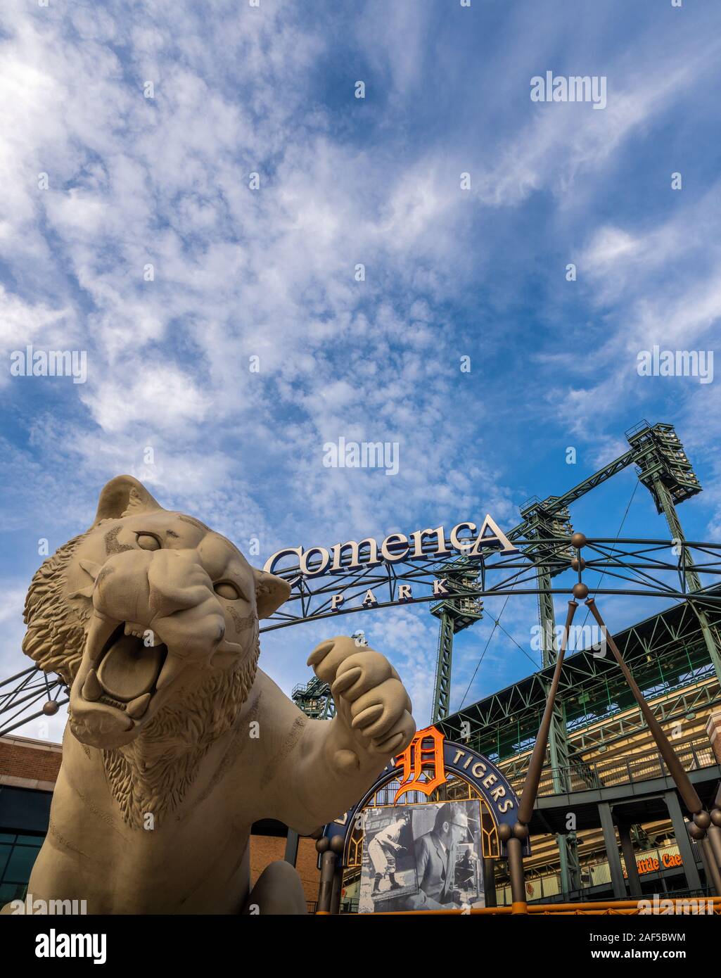 Detroit, MI - Oct 6 2019: Comerica Park is the home of Detroit Tigers baseball team. Vertical close up of the main entrance signage and the tiger at t Stock Photo