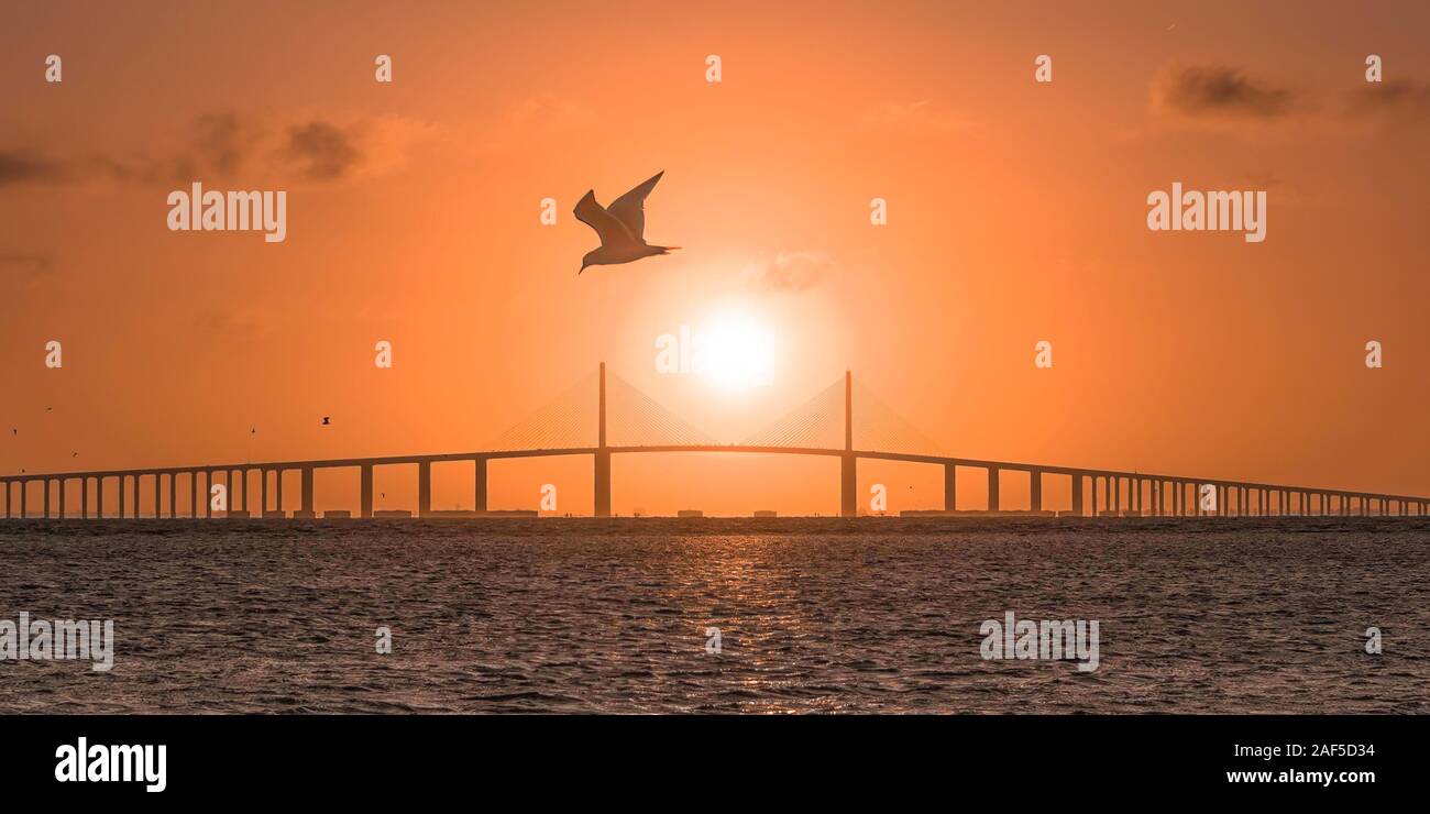 The sun rises behind a bridge in central Florida Stock Photo