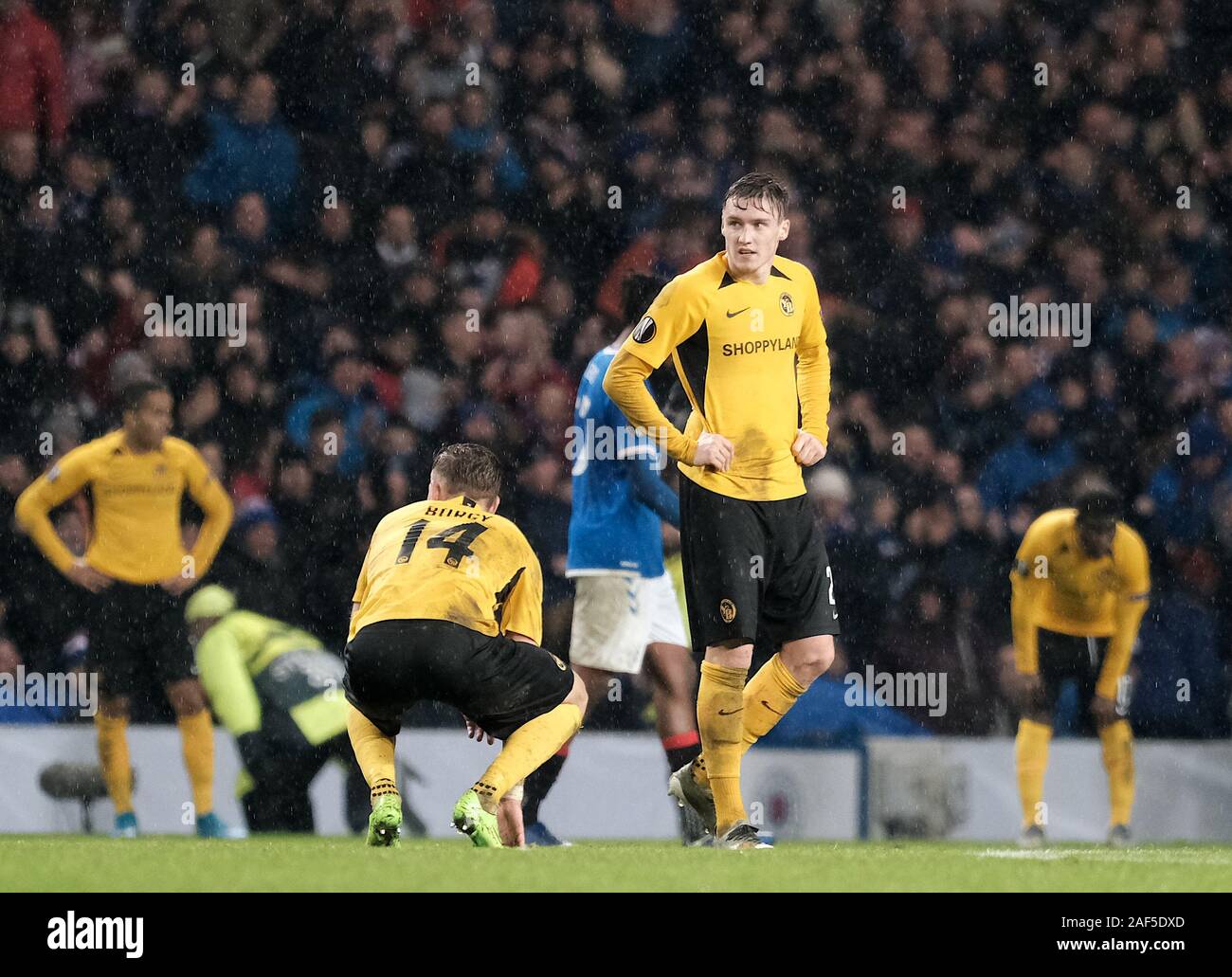 GLASGOW, SCOTLAND - DECEMBER 12: The Young Boys team are dejected after the UEFA Europa League group G match between Rangers FC and BSC Young Boys at Ibrox Stadium on December 12, 2019 in Glasgow, United Kingdom. (Photo by MB Media) Stock Photo