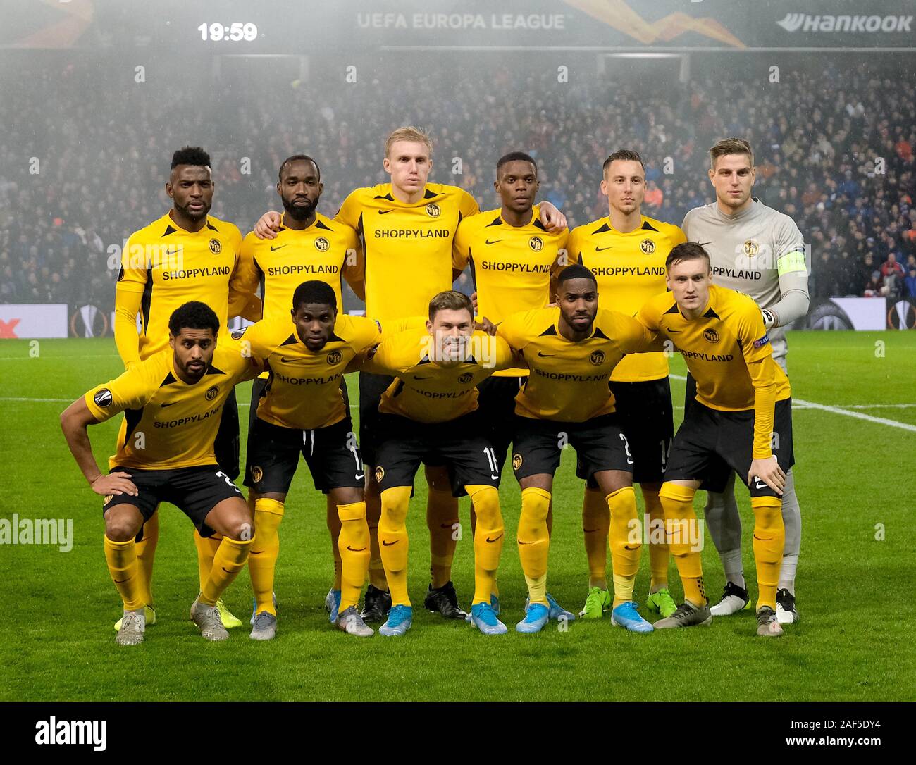 GLASGOW, SCOTLAND - DECEMBER 12: The Young Boys team lineup before the UEFA Europa League group G match between Rangers FC and BSC Young Boys at Ibrox Stadium on December 12, 2019 in Glasgow, United Kingdom. (Photo by Photo by Alex Todd/MB Media) Stock Photo