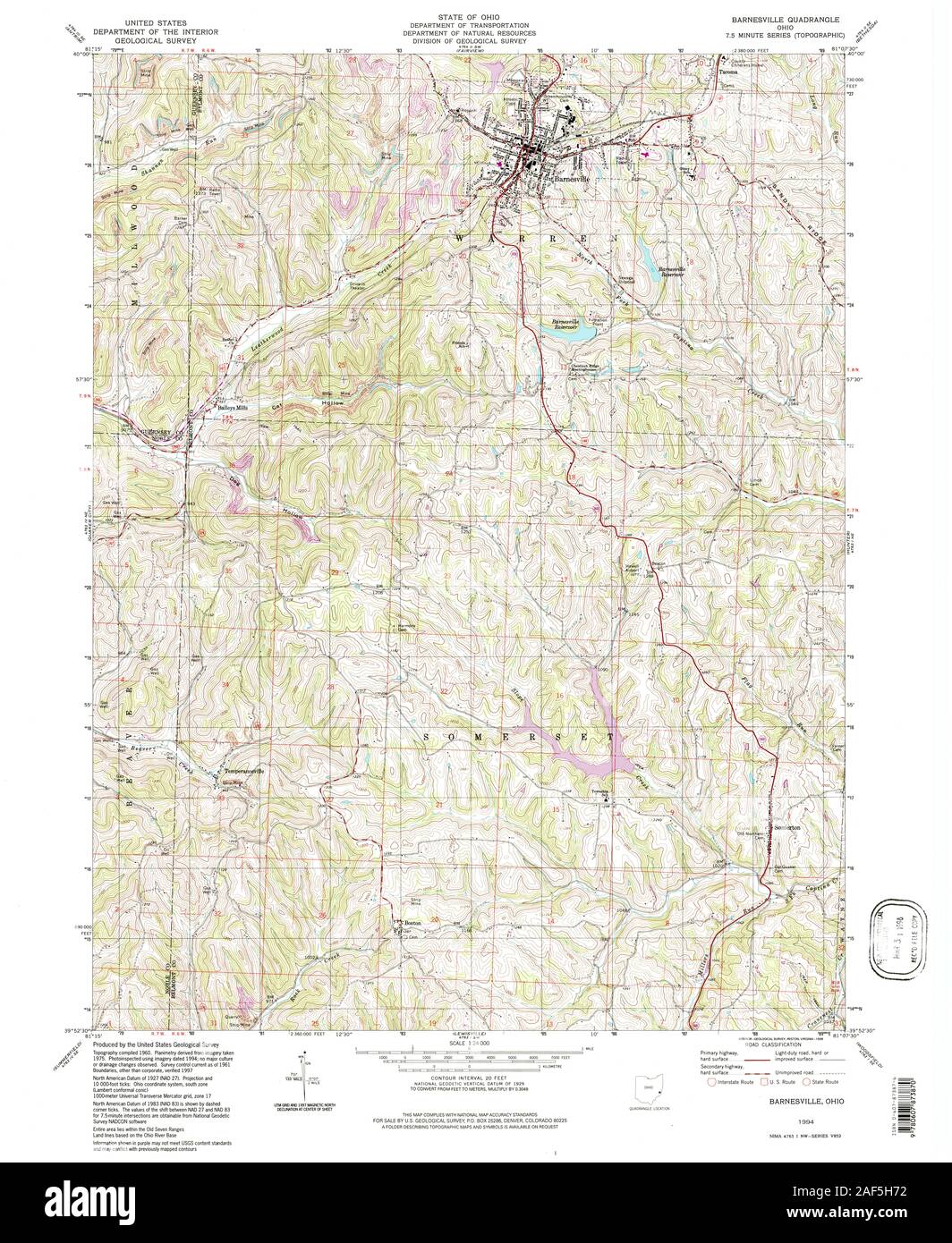 USGS TOPO Map Ohio OH Barnesville 226272 1994 24000 Restoration Stock Photo