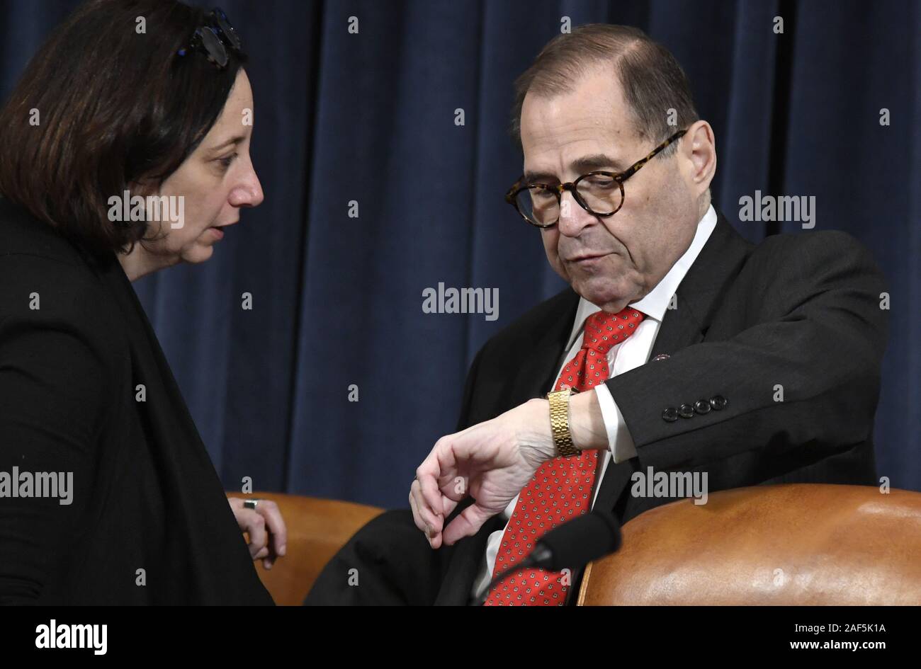 Washington, United States. 12th Dec, 2019. Chairman Jerrold Nadler of New York checks his watch during a recess of the House Judicary Committee as they debate amendments to two articles of impeachment against President Donald Trump continue late into the evening, on Capitol Hill, in Washington, DC, Thursday, December 12, 2019. The president is accused of obstruction of Congress and abuse of power. Photo by Mike Theiler/UPI Credit: UPI/Alamy Live News Stock Photo