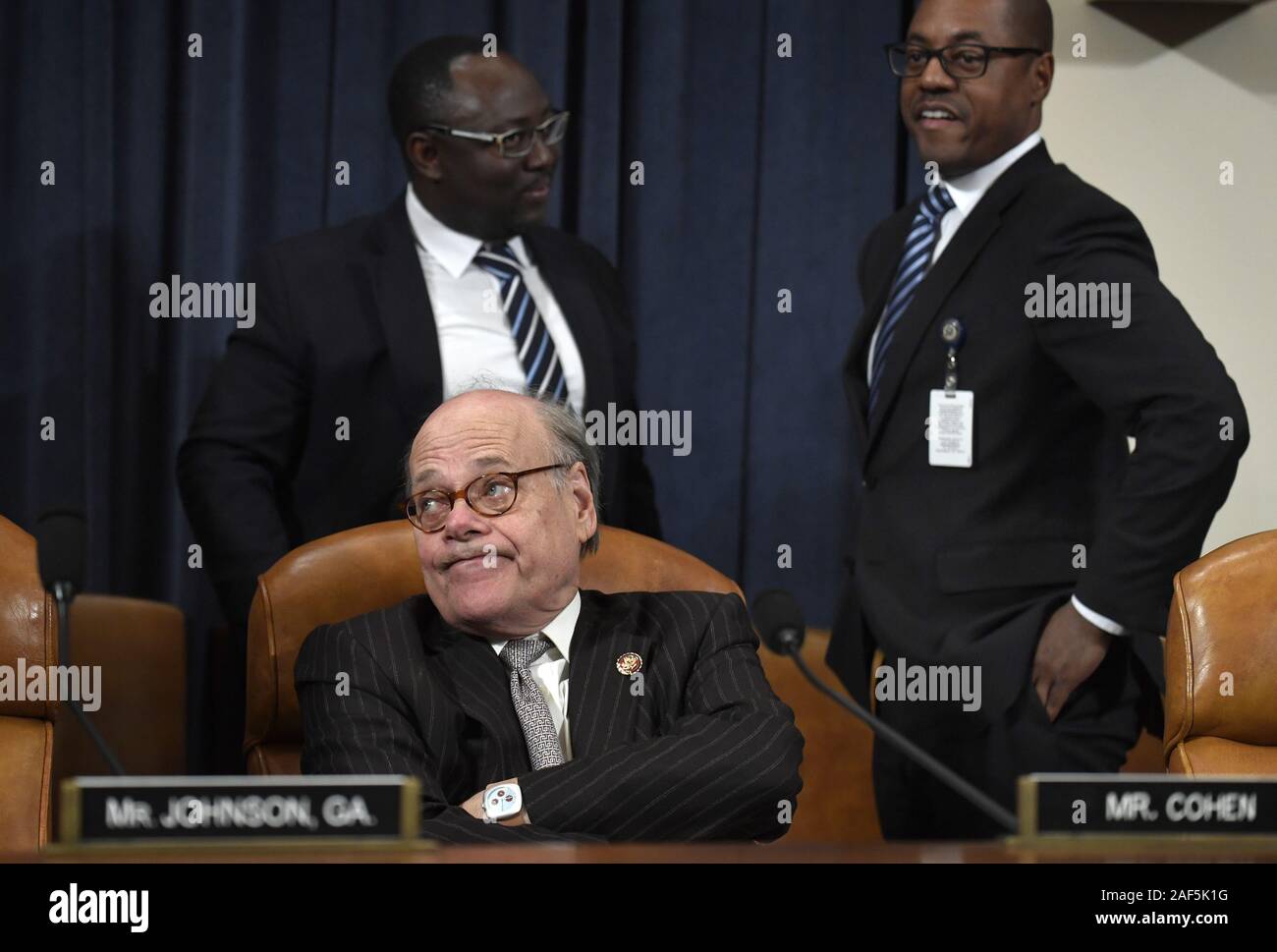 Washington, United States. 12th Dec, 2019. Rep. Steve Cohen of Tennessee crosses his arms as the House Judiciary Committee takes a recess during a debate on amendments to two articles of impeachment against President Donald Trump on Capitol Hill, in Washington, DC, Thursday, December 12, 2019. The president is accused of obstruction of Congress and abuse of power. Photo by Mike Theiler/UPI Credit: UPI/Alamy Live News Stock Photo