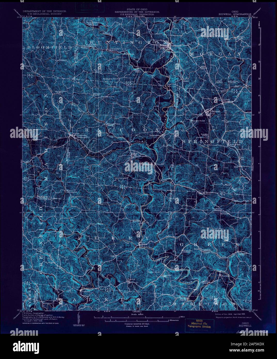 USGS TOPO Map Ohio OH Bidwell 224122 1908 62500 Inverted Restoration Stock Photo