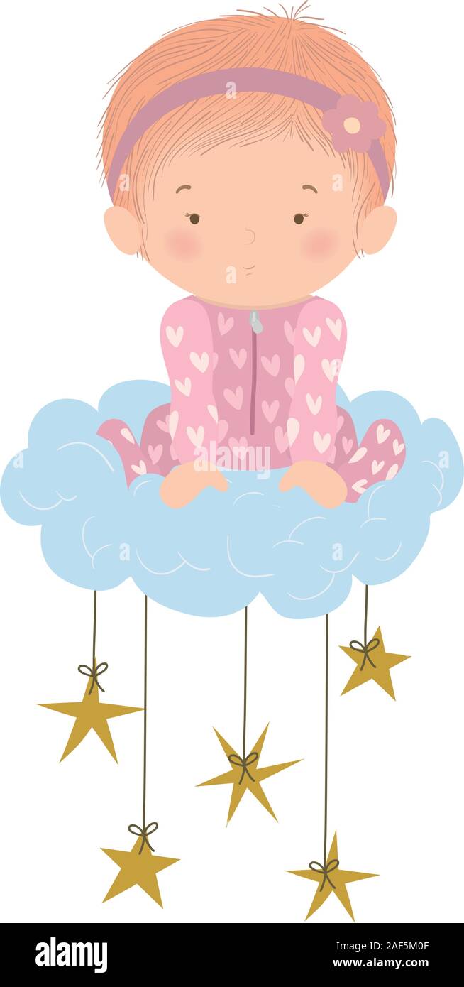 Cute baby girl over cloud and stars vector design Stock Vector Image ...