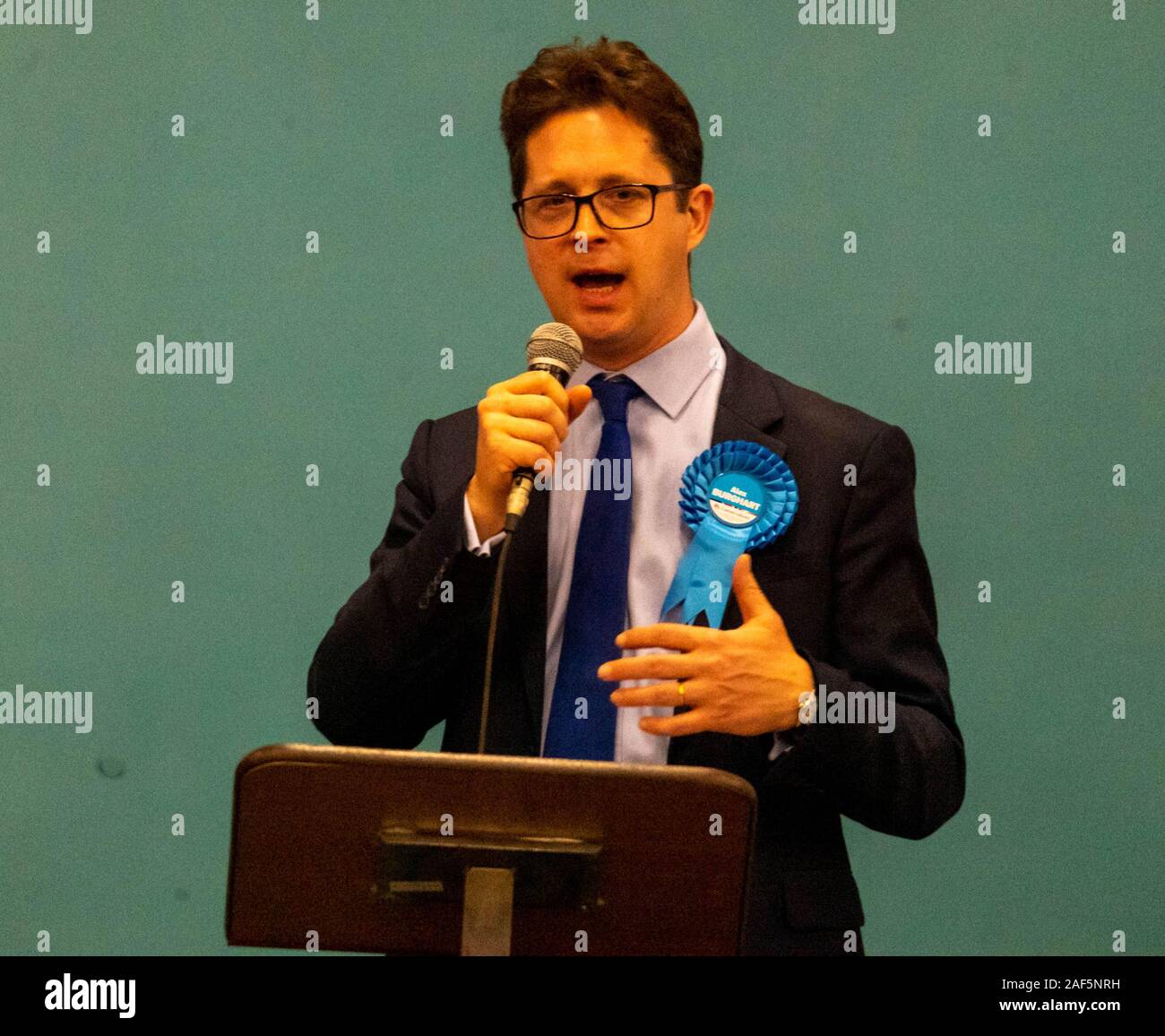 Brentood Essex 12th Dec. 2019 Election count at Brentwood for the constituency of Brentwood and Ongar Alex Burghart, the new MP for Brentwood and Ongar Credit: Ian Davidson/Alamy Live News Stock Photo