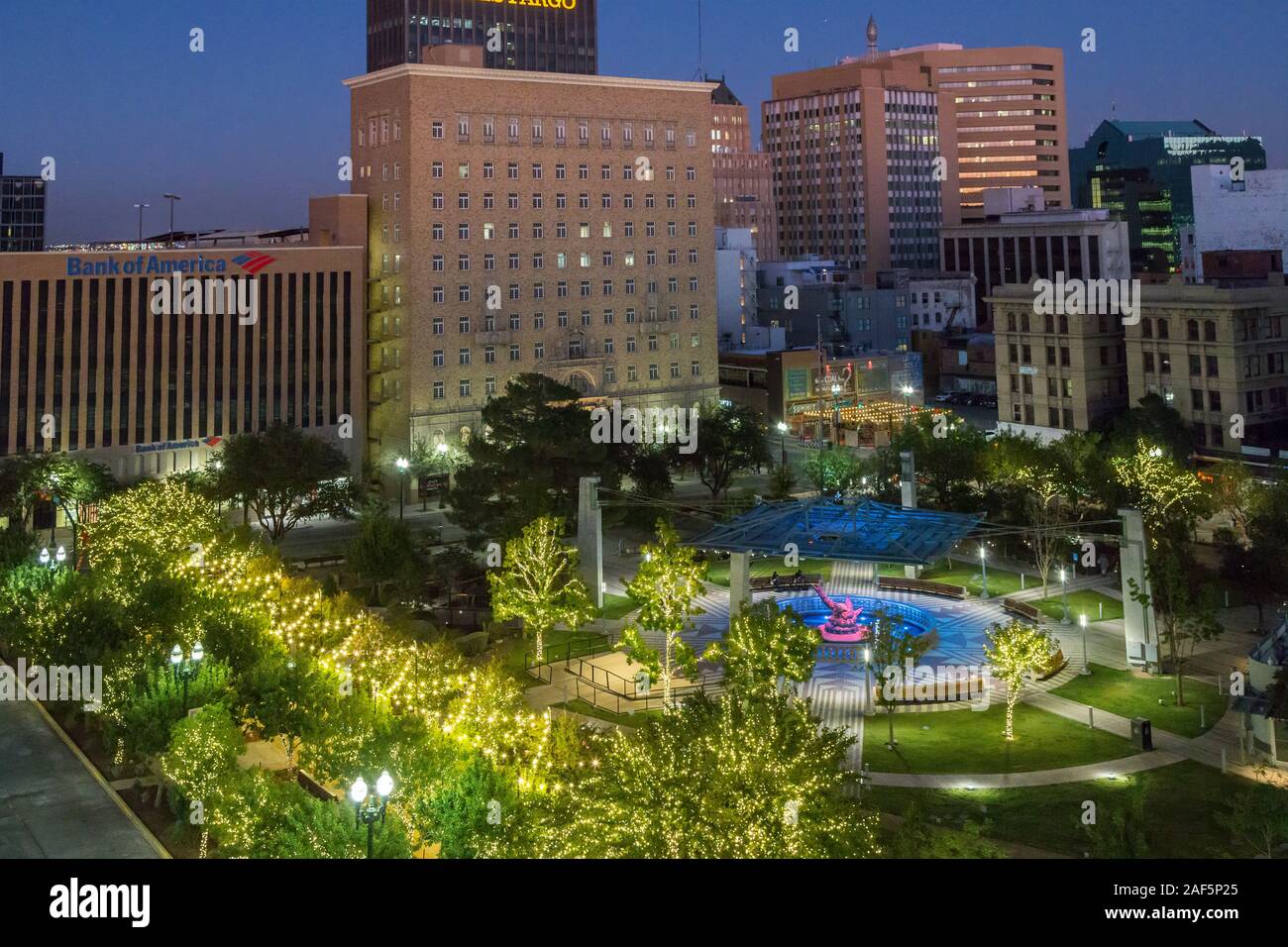 El Paso, Texas.  San Jacinto Plaza, Early Evening. Stock Photo