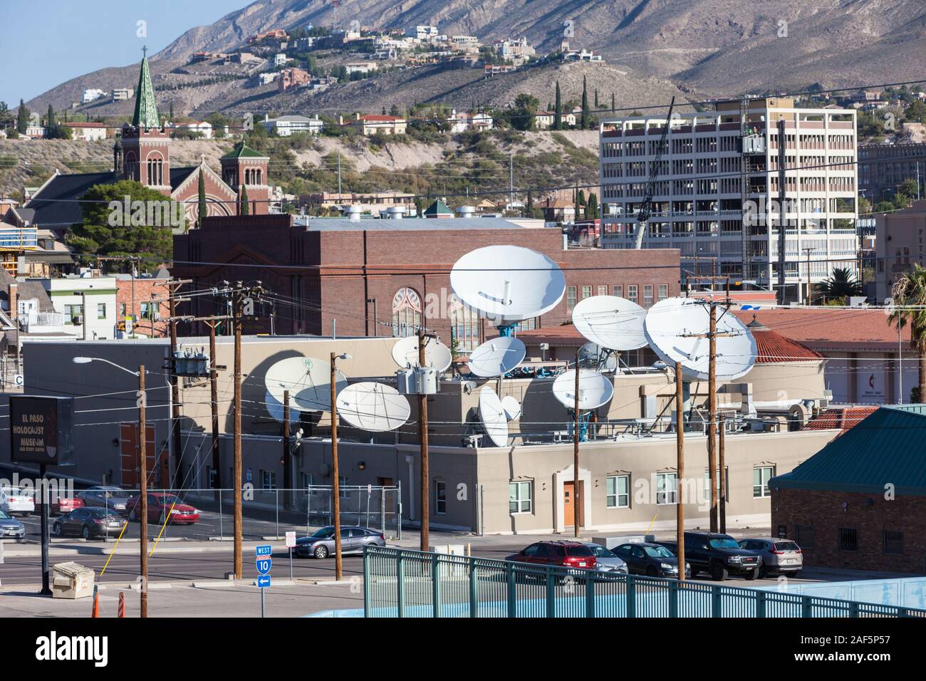 El Paso, Texas.  Satellite Dishes on Roof of News Channel 9 Building, KTSM-TV. Stock Photo