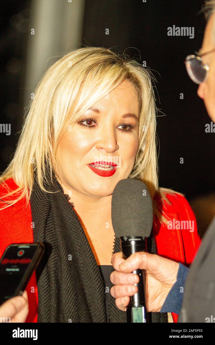Belfast, UK. 13th Dec, 2019. Deputy leader of Sinn Fein Michelle O'Neill being interviewed at the Titanic Exhibition Centre Belfast, where the Count took place for the 2019 General Election Credit: Bonzo/Alamy Live News Stock Photo