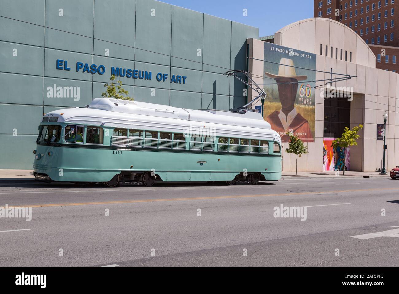 El Paso, Texas.  El Paso Museum of Art and Street Car. Stock Photo