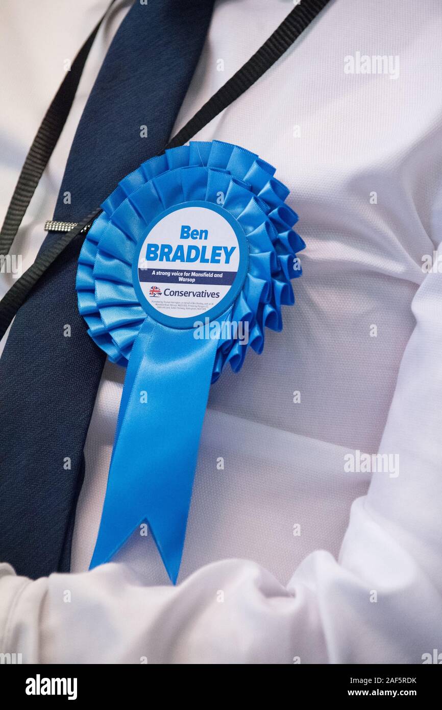 UK Elections, Mansfield, Nottinghamshire, England, UK. 13th. December, 2019. Ben Bradley retains this parliamentary seat for the Conservative Party with an increased majority over his nearest rival the Labour Party candidate Sonya Ward. This Parliamentary seat which was won from the Labour Party in the 2017 General Election had become a key battle ground between the two main parties in this election. Credit: Alan Beastall/Alamy live News Stock Photo